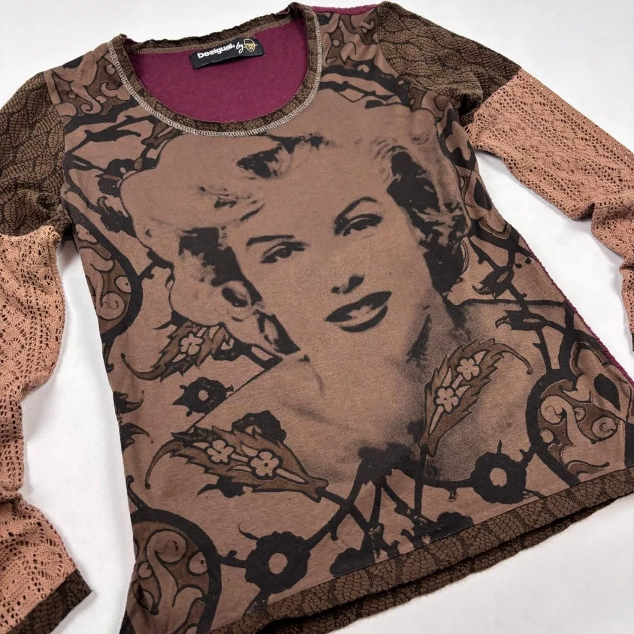 20471120 Blouses 20471120 × Japanese Brand Desigual Crochet Sleeves Top Brown Vintage