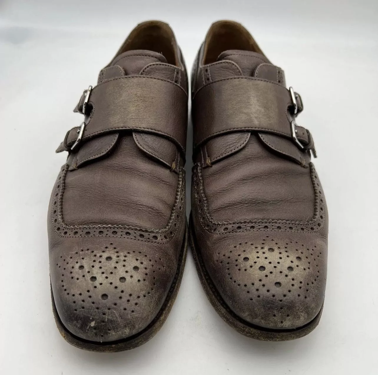 Prada Formal Shoes PRADA Perforated Double Monk Strap Leather Oxfords Brown