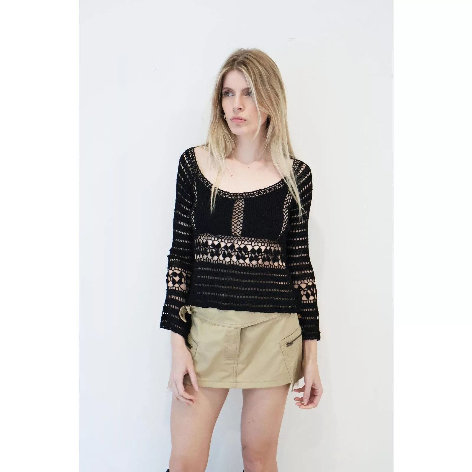 Vintage Blouses Y2K Vintage Black Crochet Knit Backless Top with Tie Back