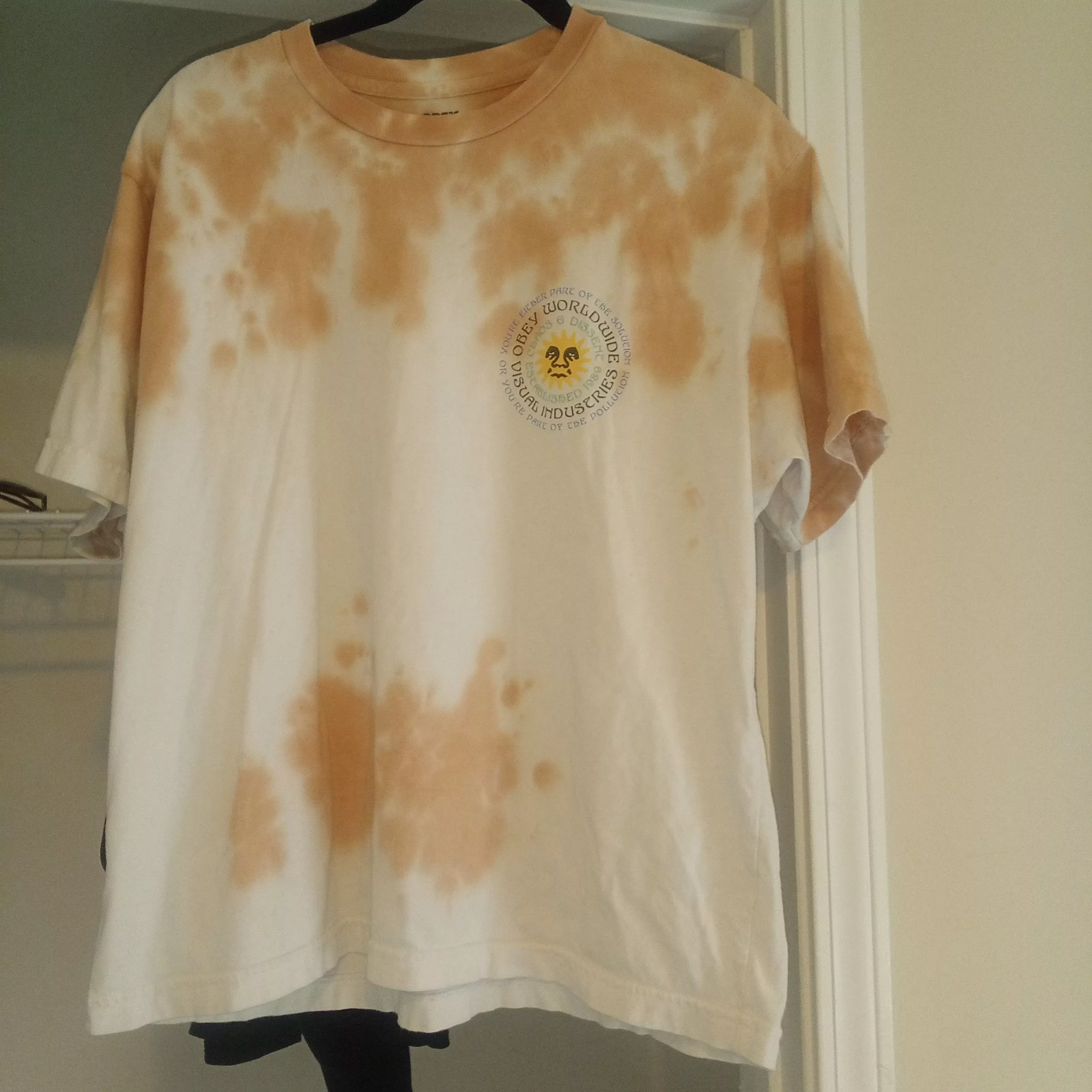 Obey Short Sleeve T Shirts OBEY WORLDWIDE INDUSTRIES DOUBLE GRAPHIC TYE DYE SHIRT Orange