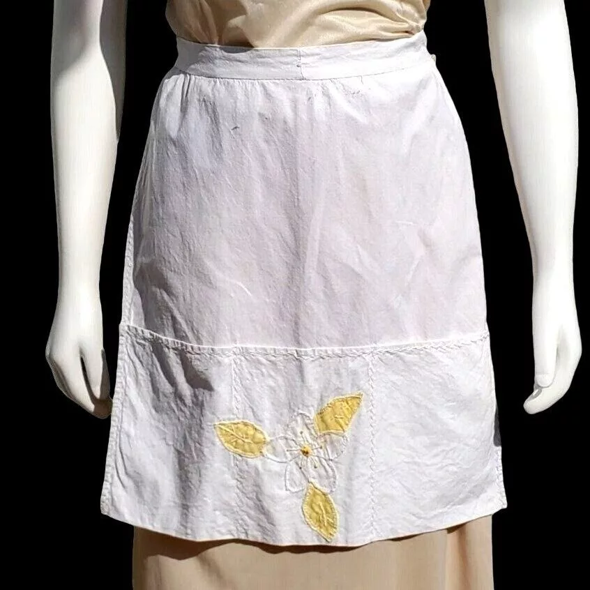 Vintage Miscellaneous Vintage 30s Half Apron Womens White Cotton Yellow Floral App Multi