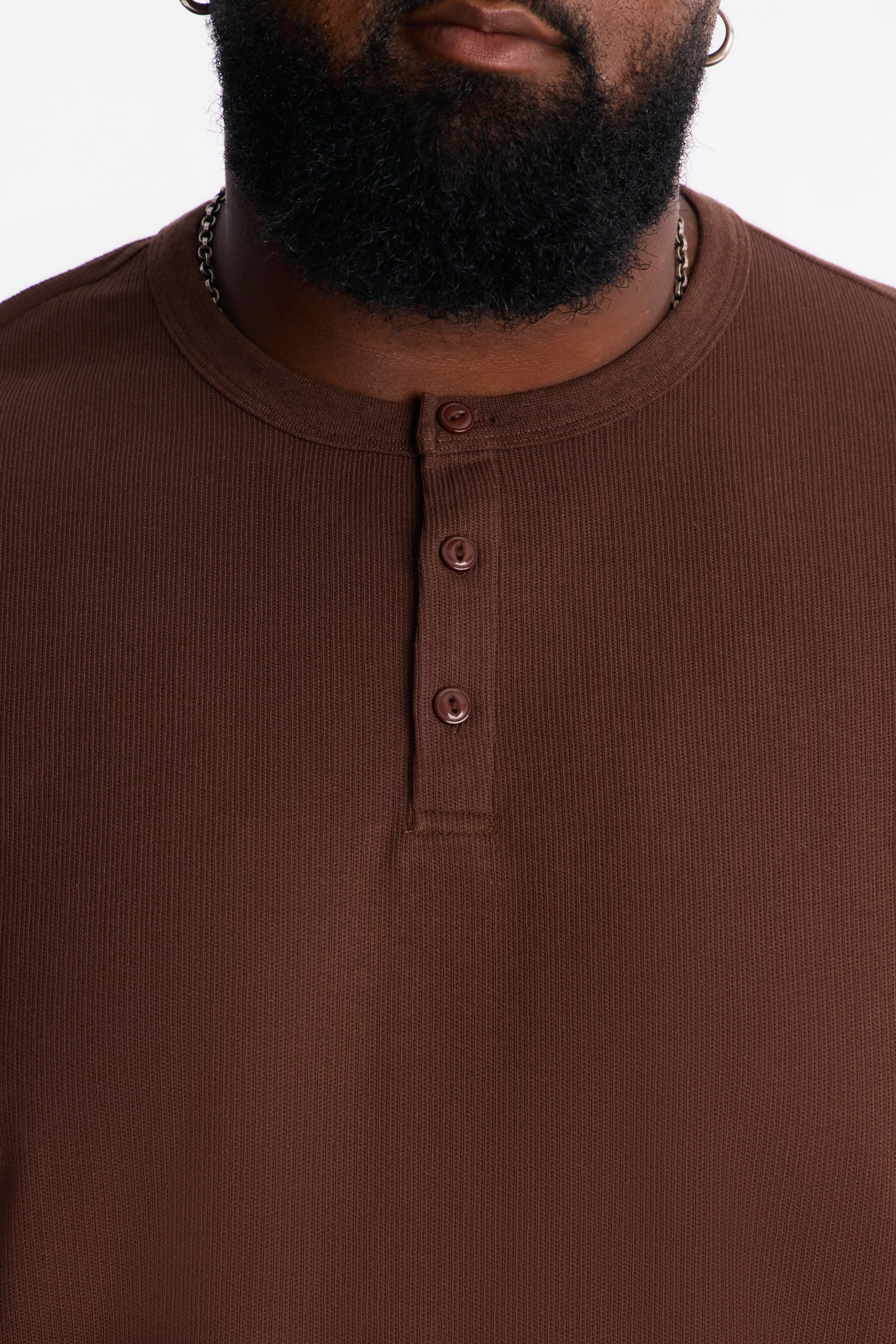 Ribbed Henley Tee - Chocolate