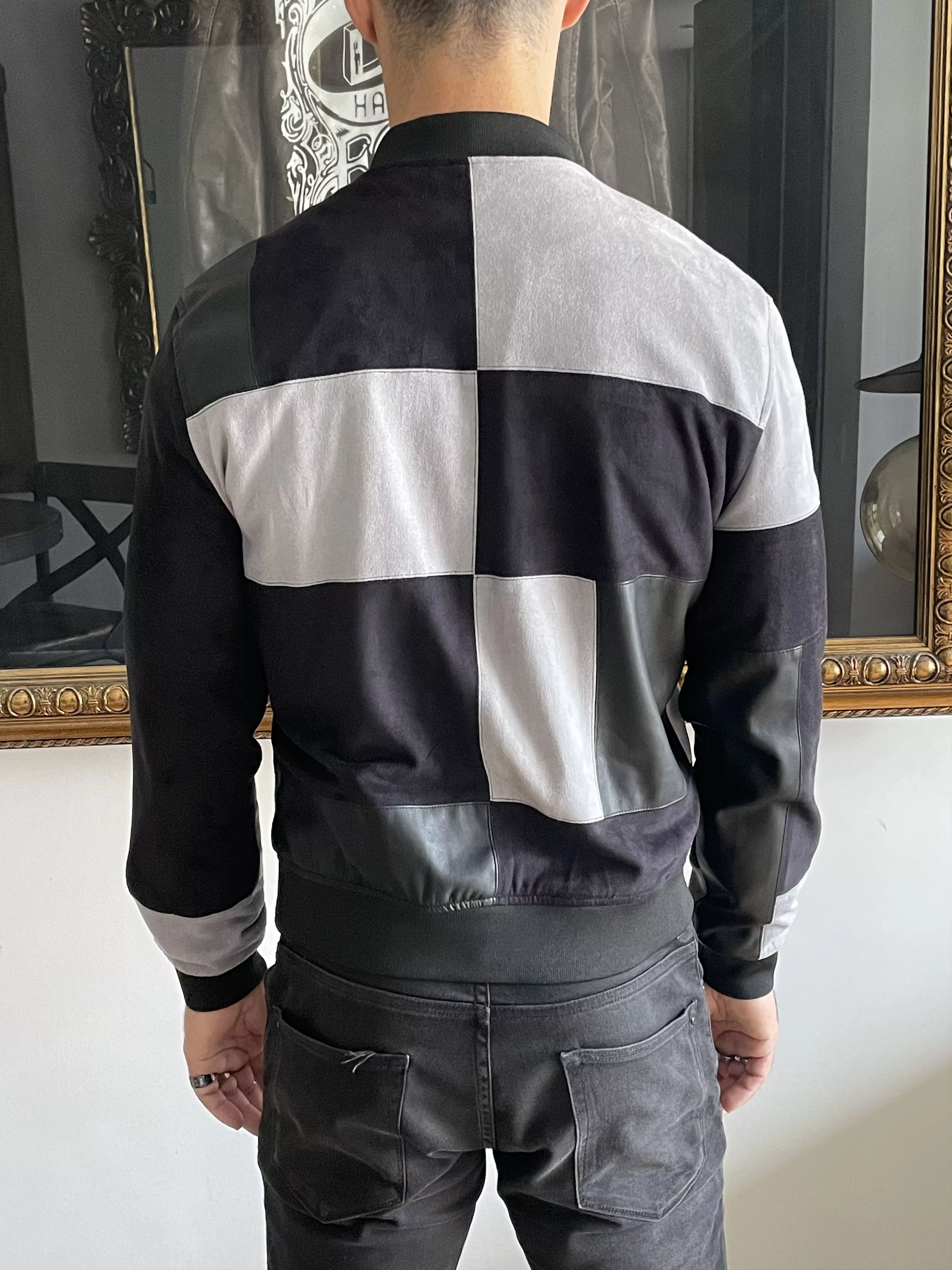 Other Leather Jackets Other Patchwork Leather Suede Black Grey Bomber Jacket Sandro