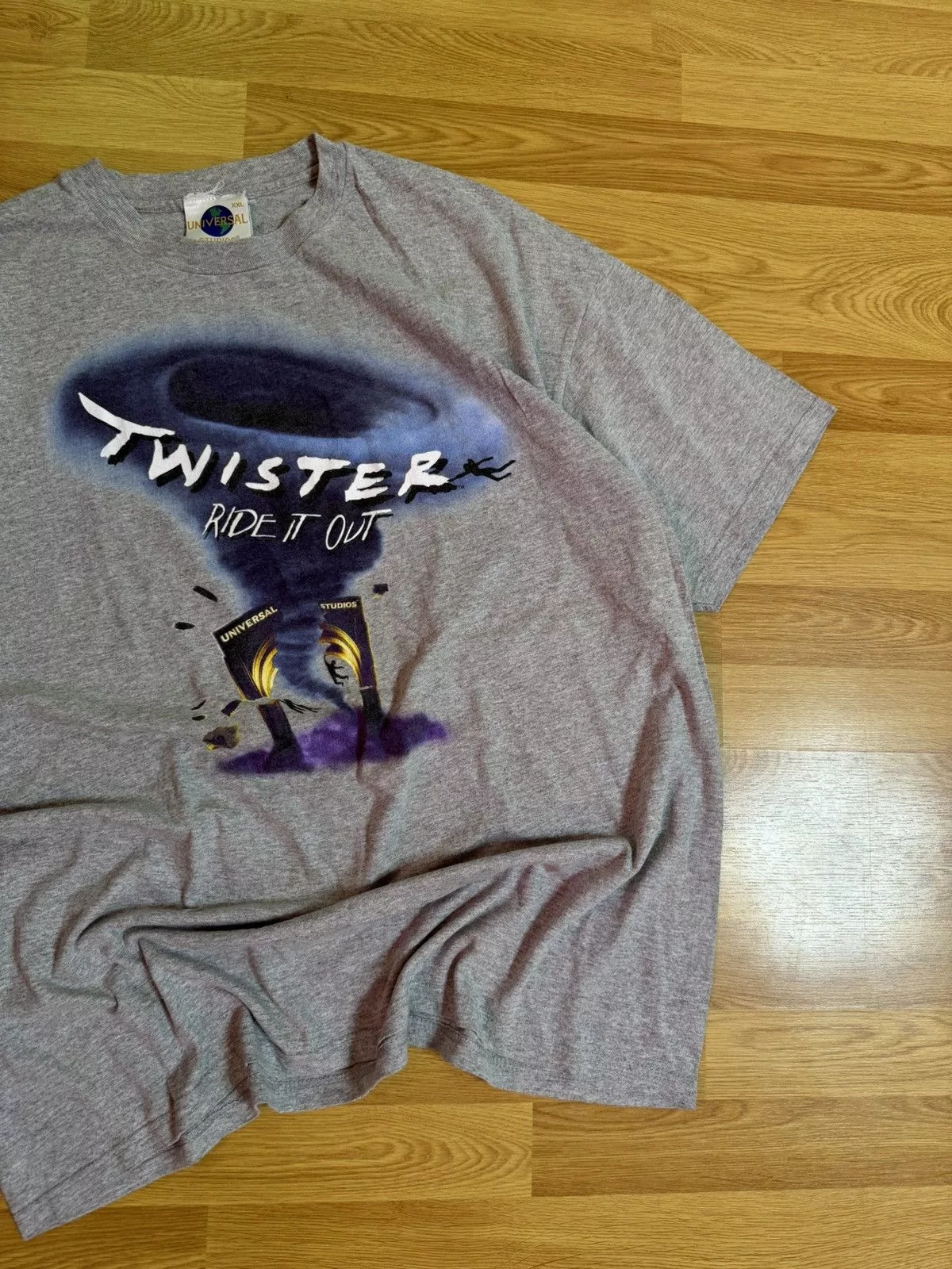 Universal Studios Short Sleeve T Shirts Universal Studios × Vintage Vintage 90’s Twister Ride it Out Universal Studios Movie Tee Gray