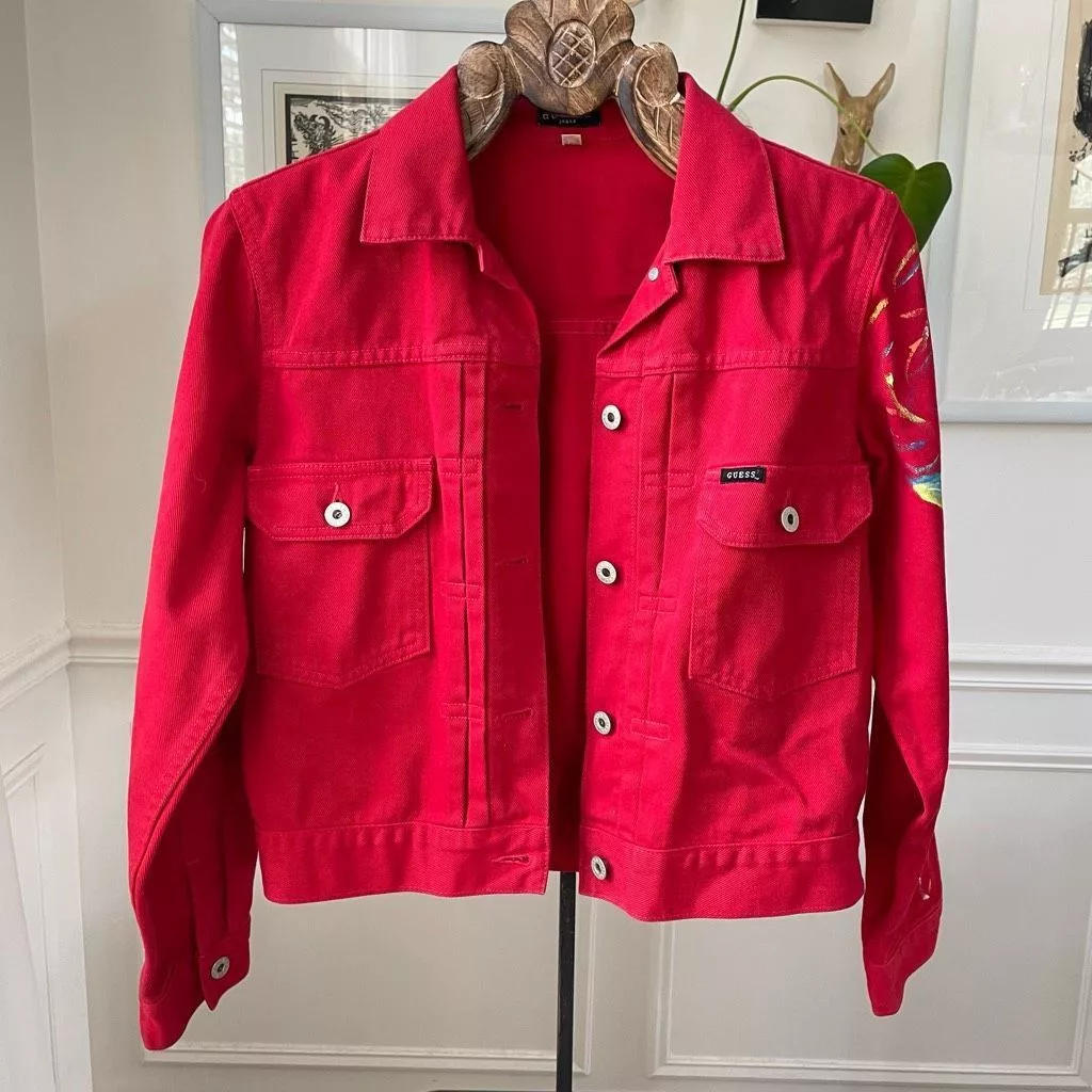 Guess Denim Jackets Vintage 80s Guess Red Denim Jacket Upcycled Floral Cotton M