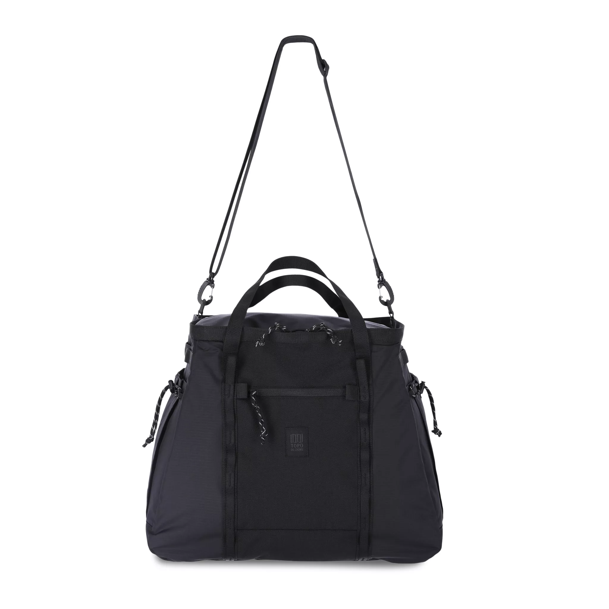 Shoulder Carry Strap on Topo Designs Mountain Gear Bag tote hauler in lightweight recycled black nylon.