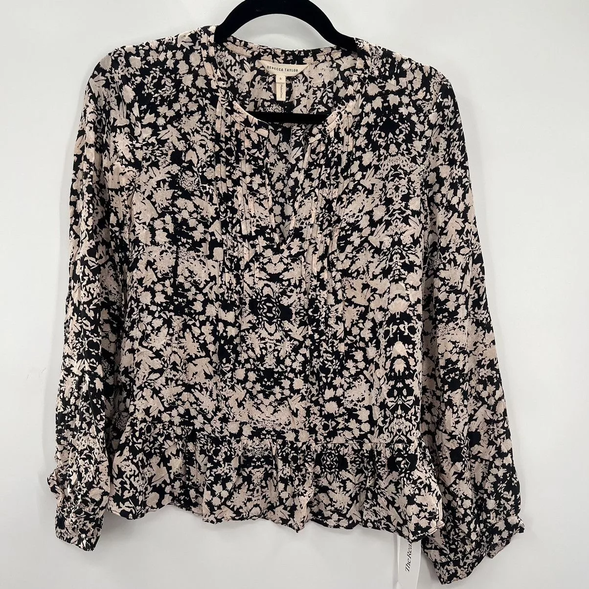 Rebecca Taylor Blouses Rebecca Taylor 100% Silk Peplum Floral Popover Blouse Shirt Black