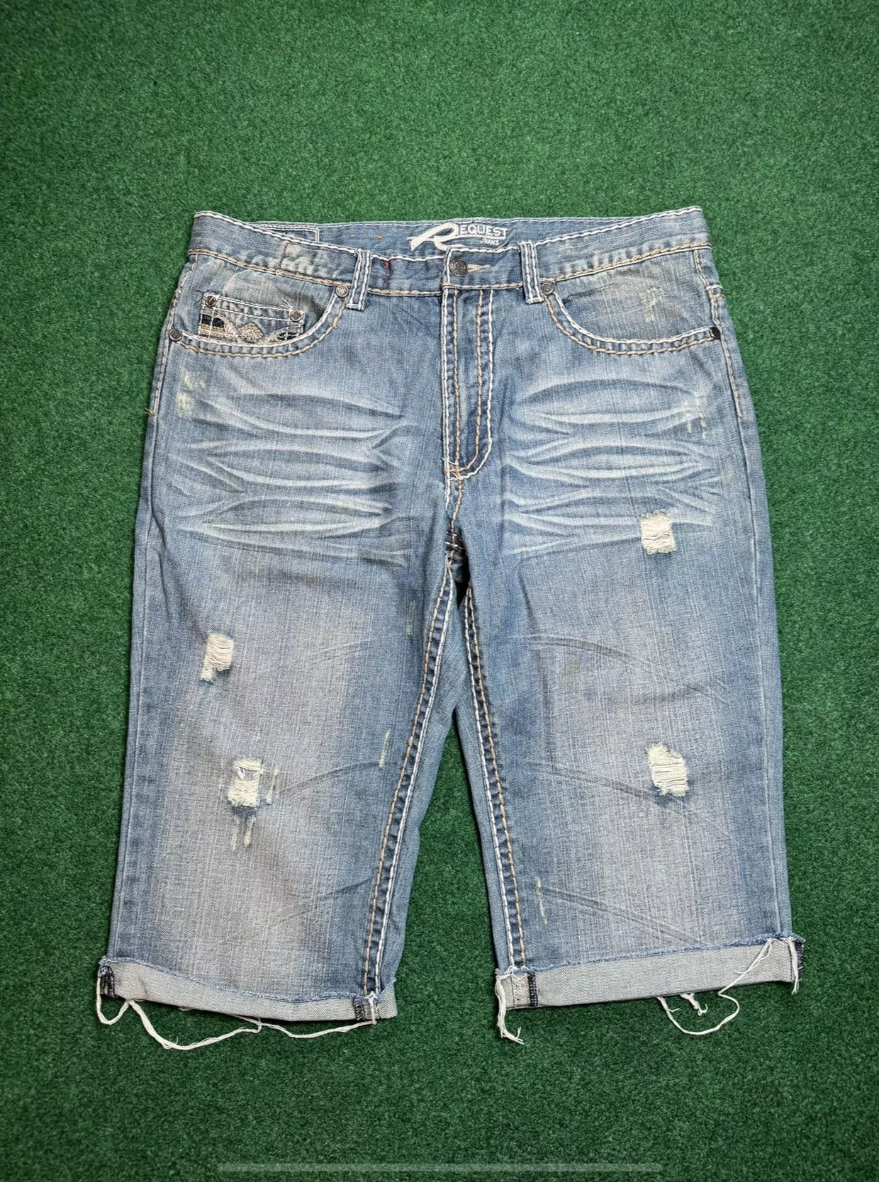 Request Jeans Shorts Request Jeans Vintage Y2K Request Denim Shorts Distressed Cut Off Jorts Blue