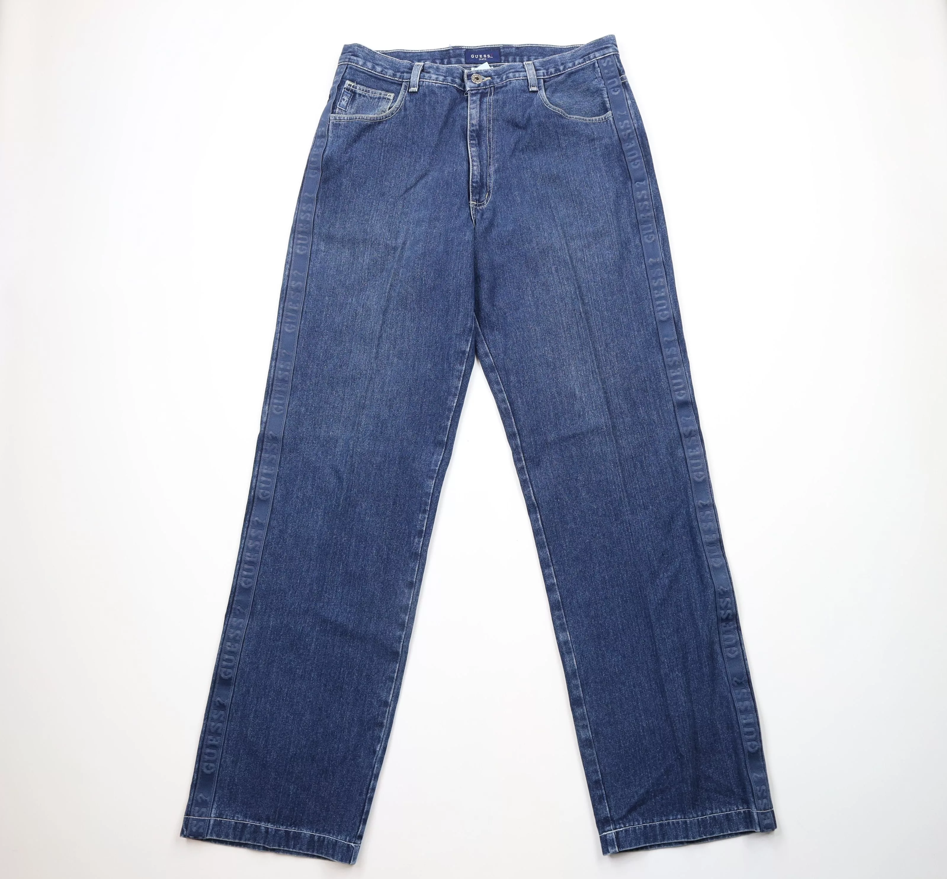 Guess Denim Guess × Vintage Vintage 90s Guess Fit Wide Leg Taped Logo Denim Jeans USA Blue