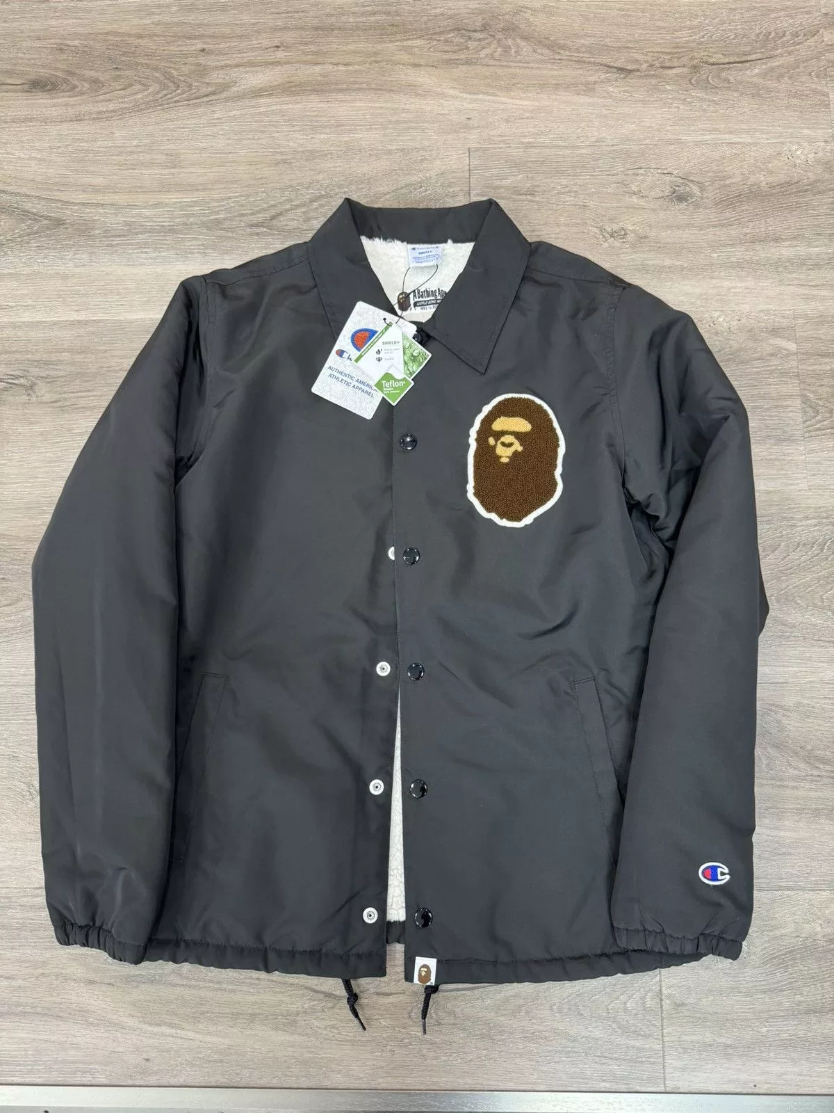 Bape Light Jackets Bape × Champion BAPE x Champion Sherpa Coach Jacket Black