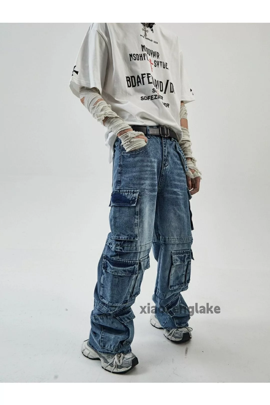 Jean Jeans Jean × Vintage washed faded skate hiphop loose baggy cargo pants Blue
