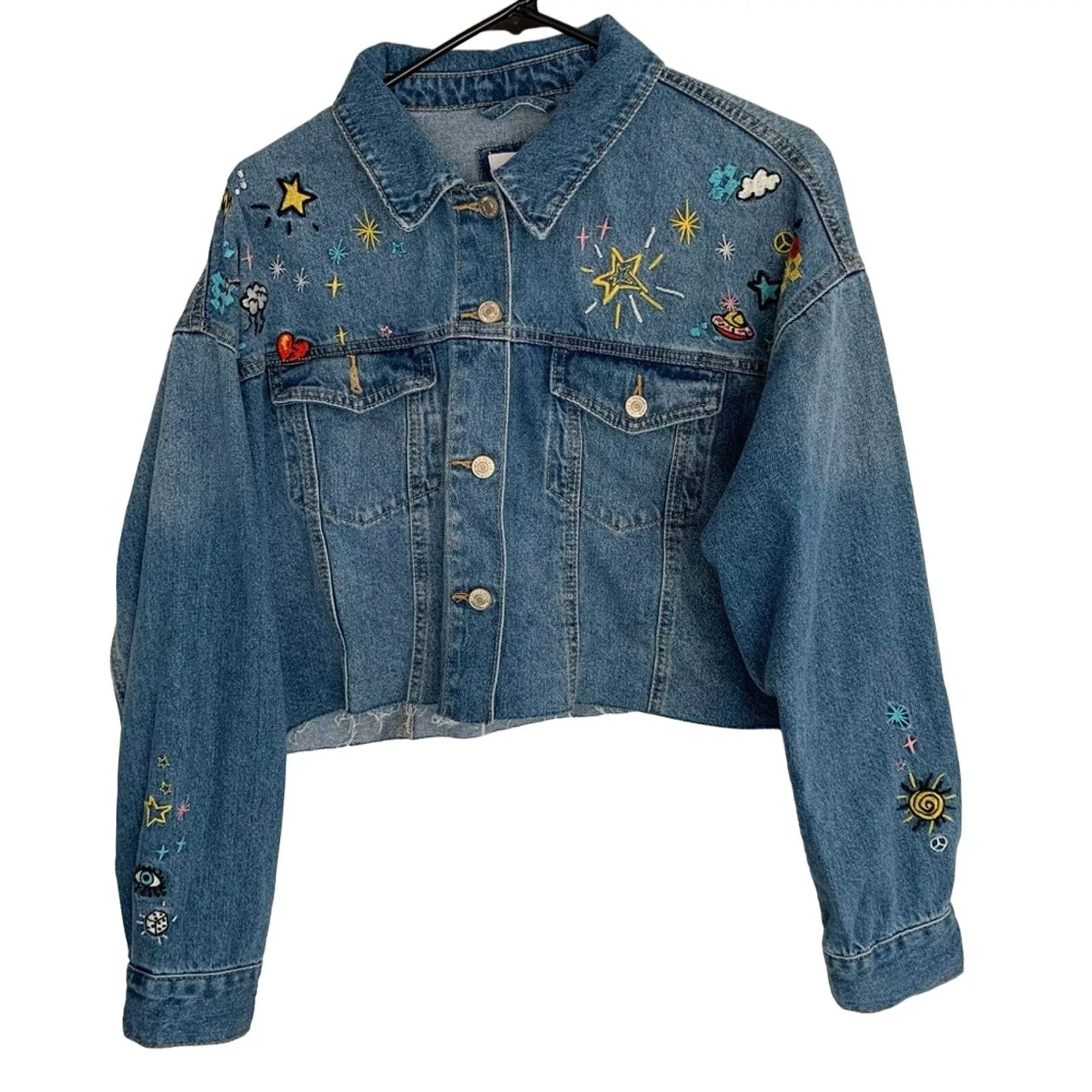 Forever 21 Jackets WOMENS JUNIORS FOREVER 21 CROP JEAN JACKET PATCHWORK NICE Blue