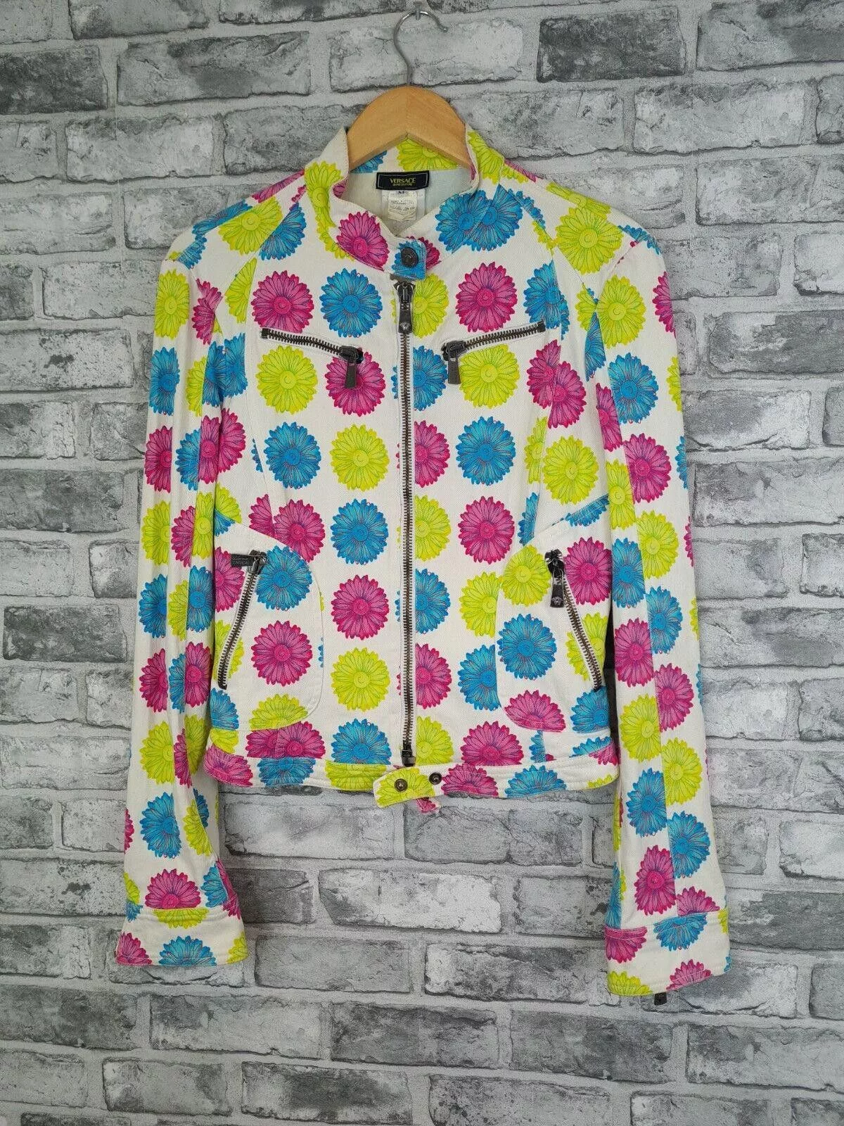 Versace Jackets Versace Jacket Uk 10 12 Floral Vtg Quirky Sunflower Denim Yellow