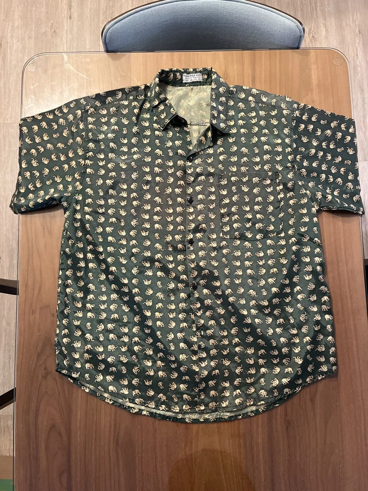 Vintage Shirts Button Ups Vintage Thai Silk Elephant Camp Collar Green
