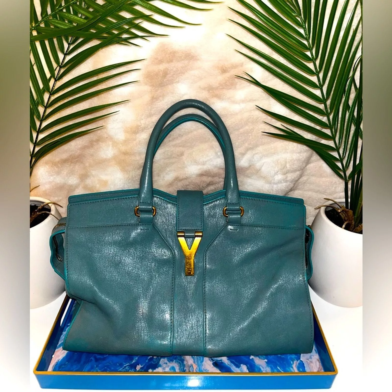 Yves Saint Laurent Handle Bags Yves Saint Laurent YSL leather Cabas satchel, teal & blue. 1998, piping painted Green