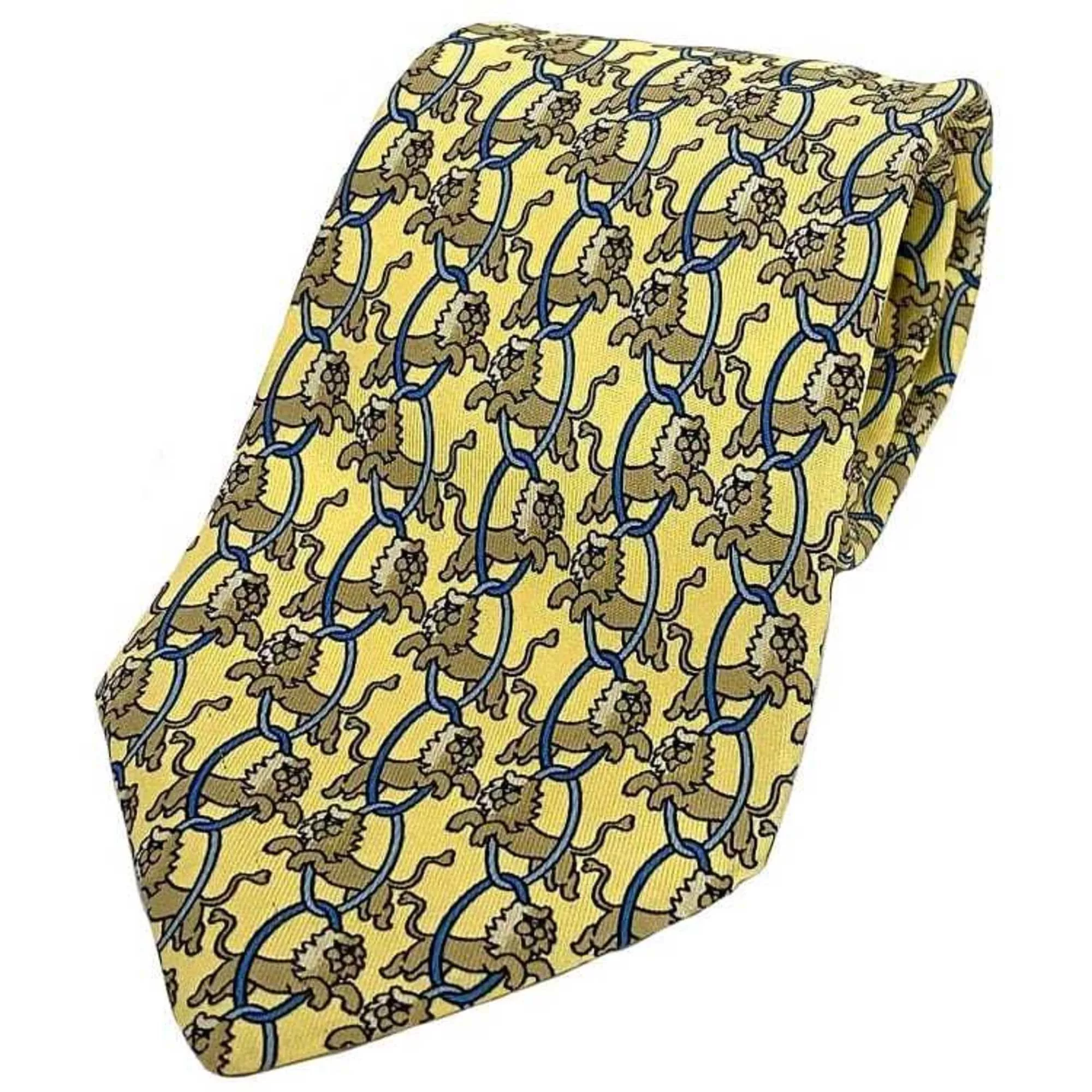 Hermes Miscellaneous Hermes tie yellow ec-20347 100% silk HERMES lion animal men's