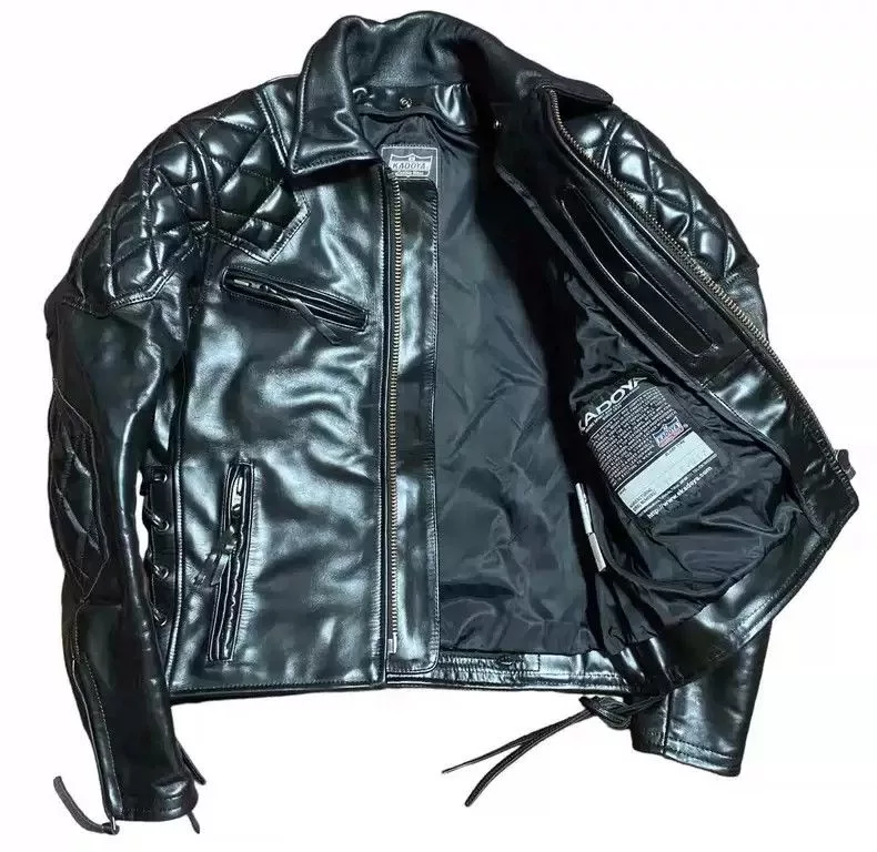 Kadoya Leather Jackets kadoyaDiamond lattice straight lapel leather coat Black