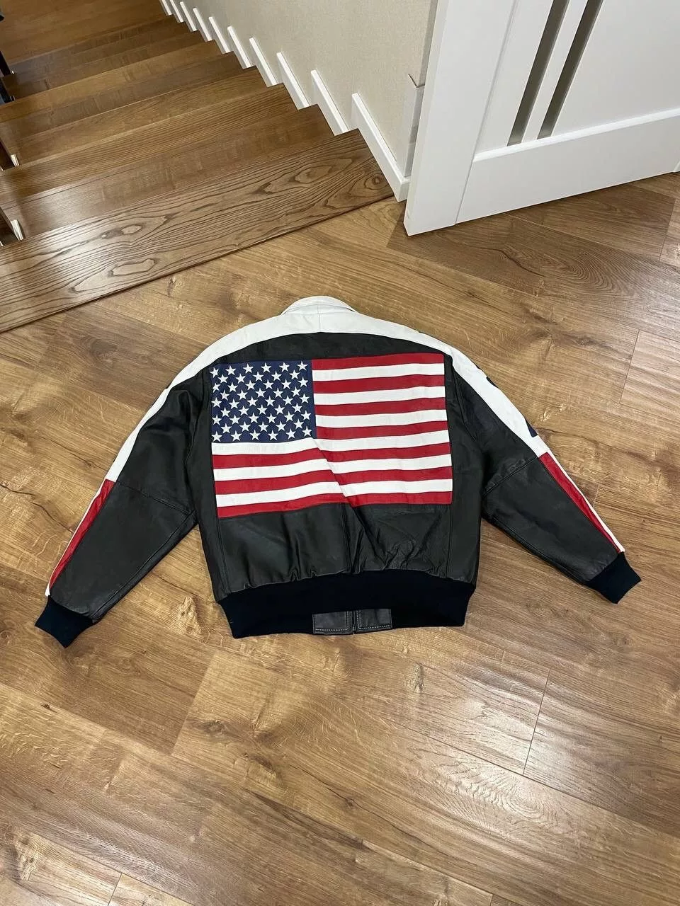 Genuine Leather Leather Jackets Genuine Leather × Vintage Vintage Genuine Leather USA Flag Big Logotype Bomber Jacket Black