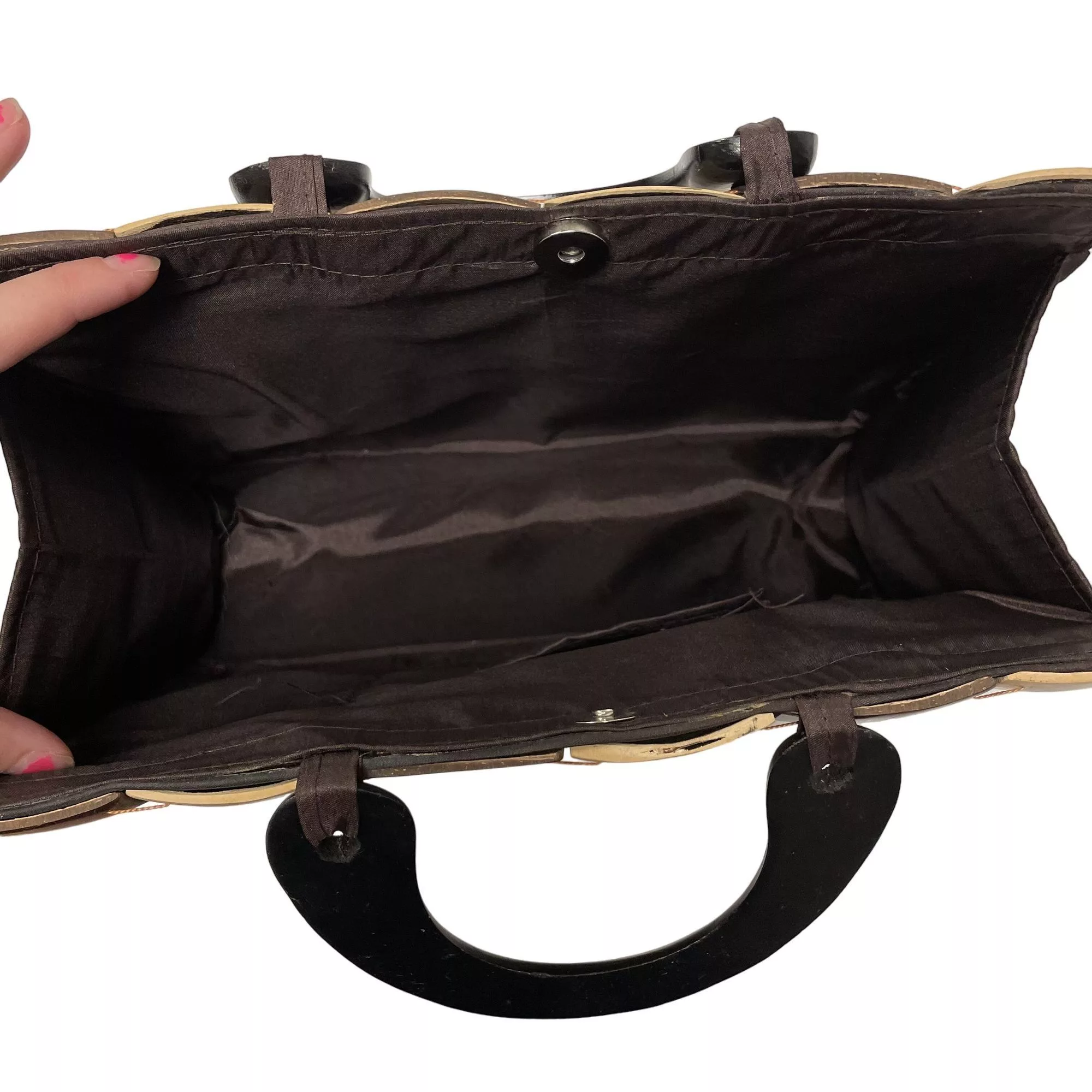 Other Handle Bags Other Vtg COCONUT Shell Patchwork MOD Handbag SATIN Lined Purse Brown