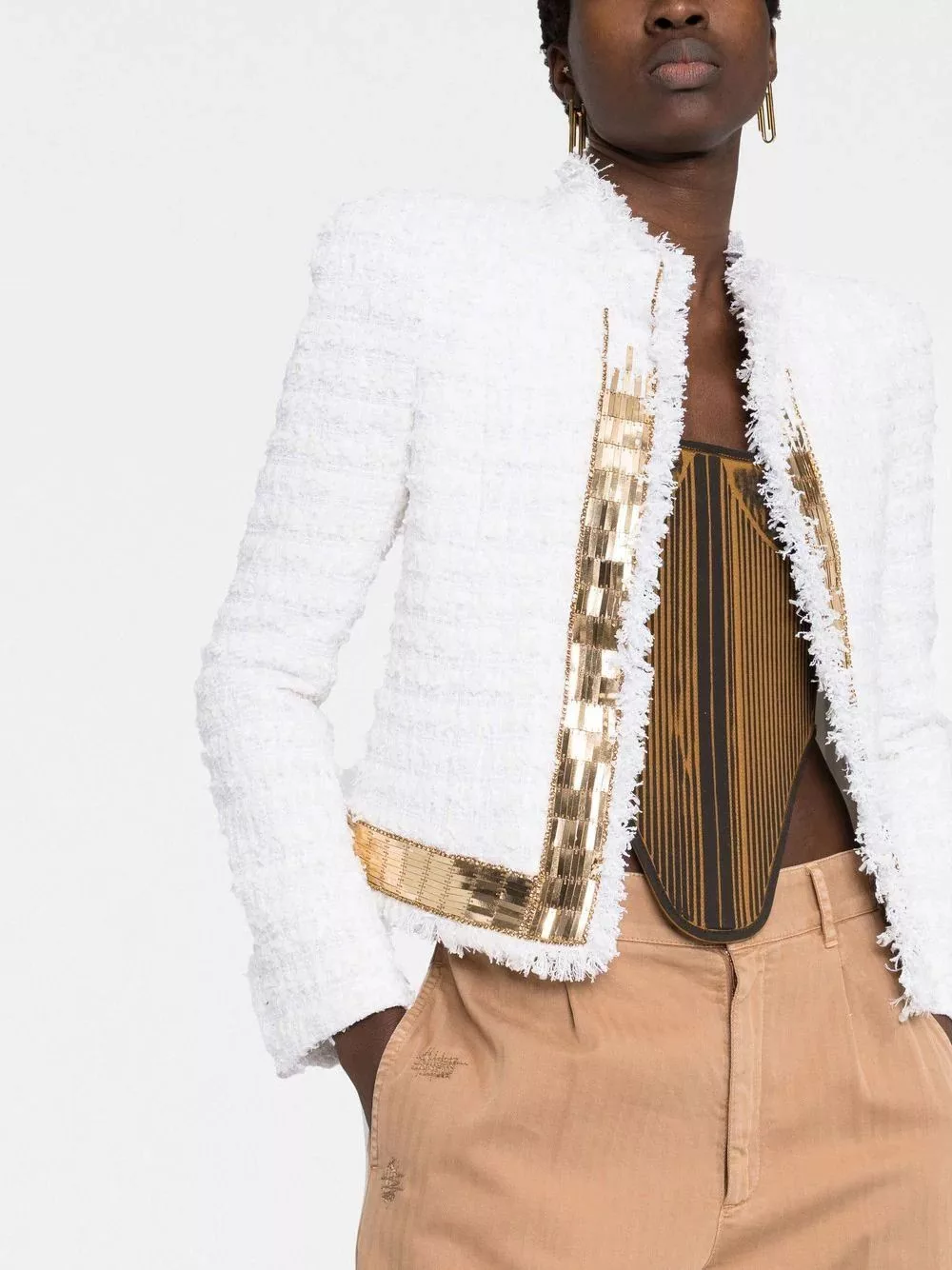 Balmain Jackets Balmain o1w1db10624 Zipped Tweed Jacket in White