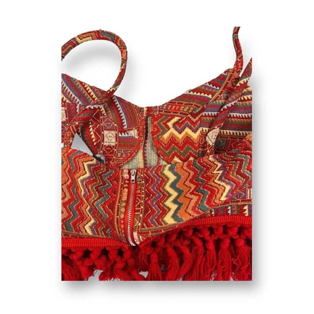 Cider Crop Tops Cider Boho Geometric Corset Fringe Crop Top Size Medium Red