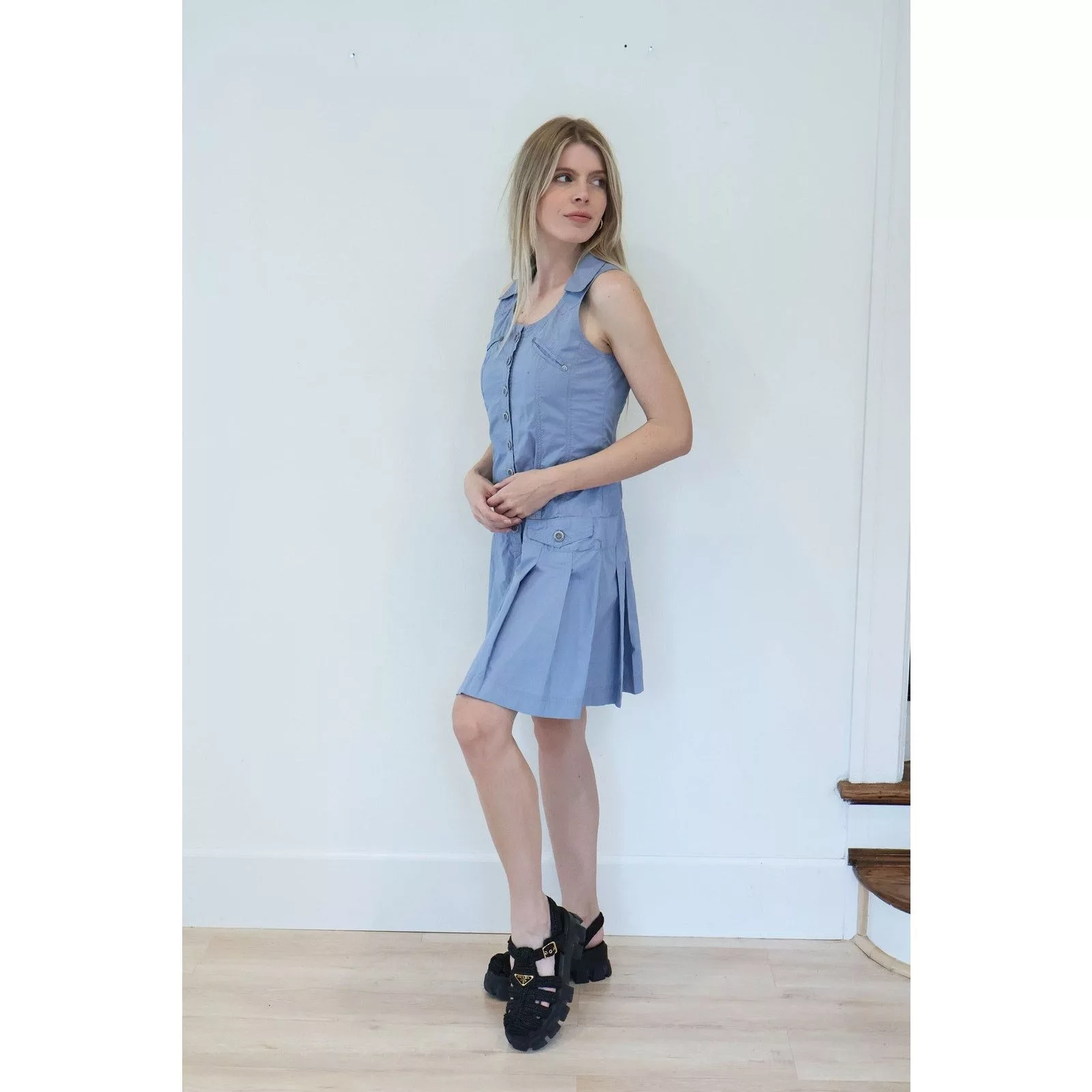 Vintage Midi Dresses Vintage Y2K Collared + Pleated Baby Blue Cotton Multi Pocket Dress