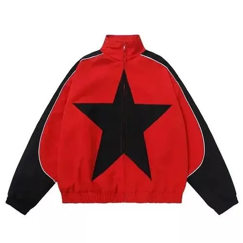 Designer Bombers Designer × Vintage Jacket windbreaker Harajuku style stars Y2k zipper patchwork Red Streetwear