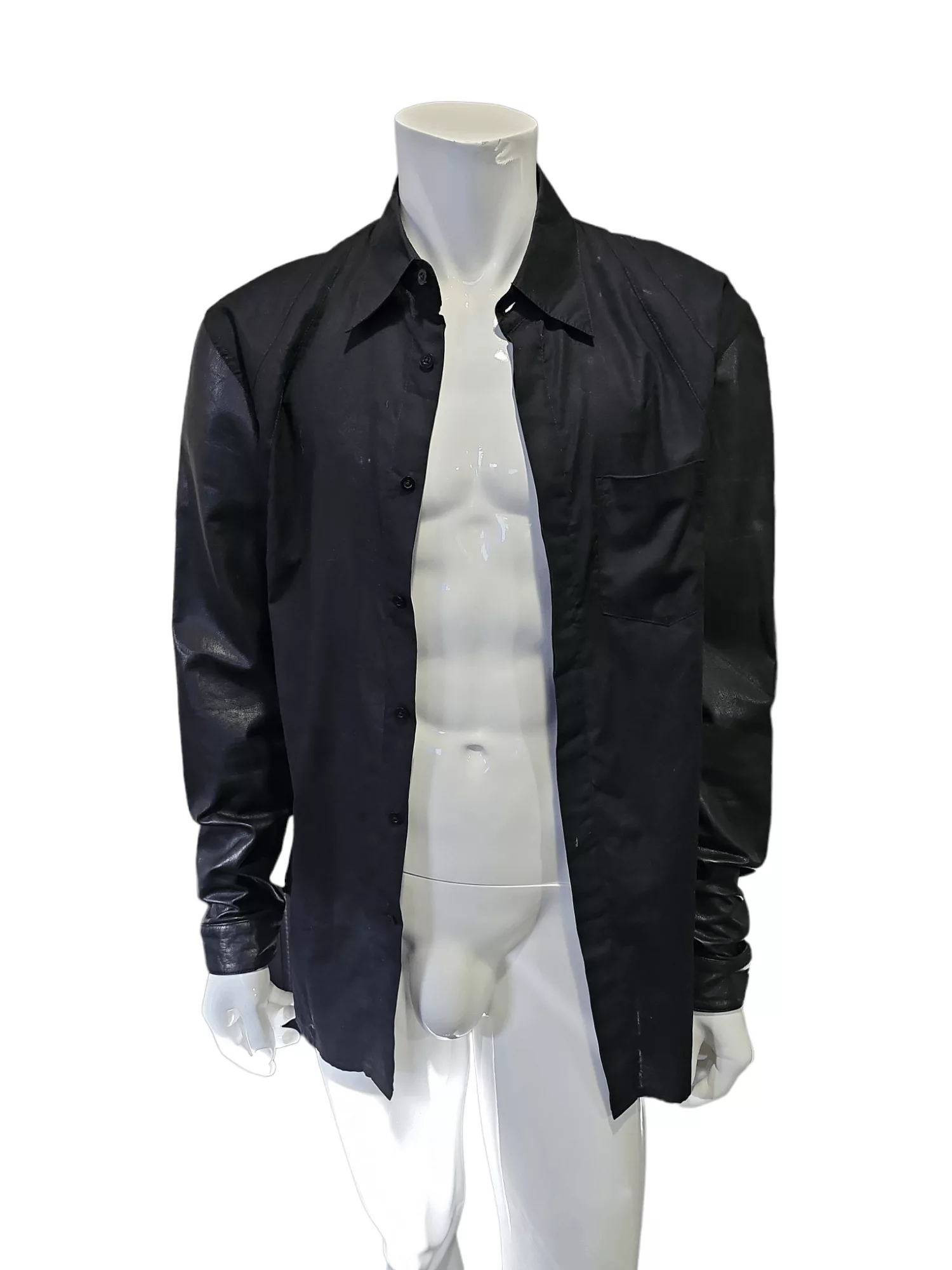 SKINGRAFT Shirts Button Ups Skingraft Collared Shirt with Lambskin Leather Sleeves Black