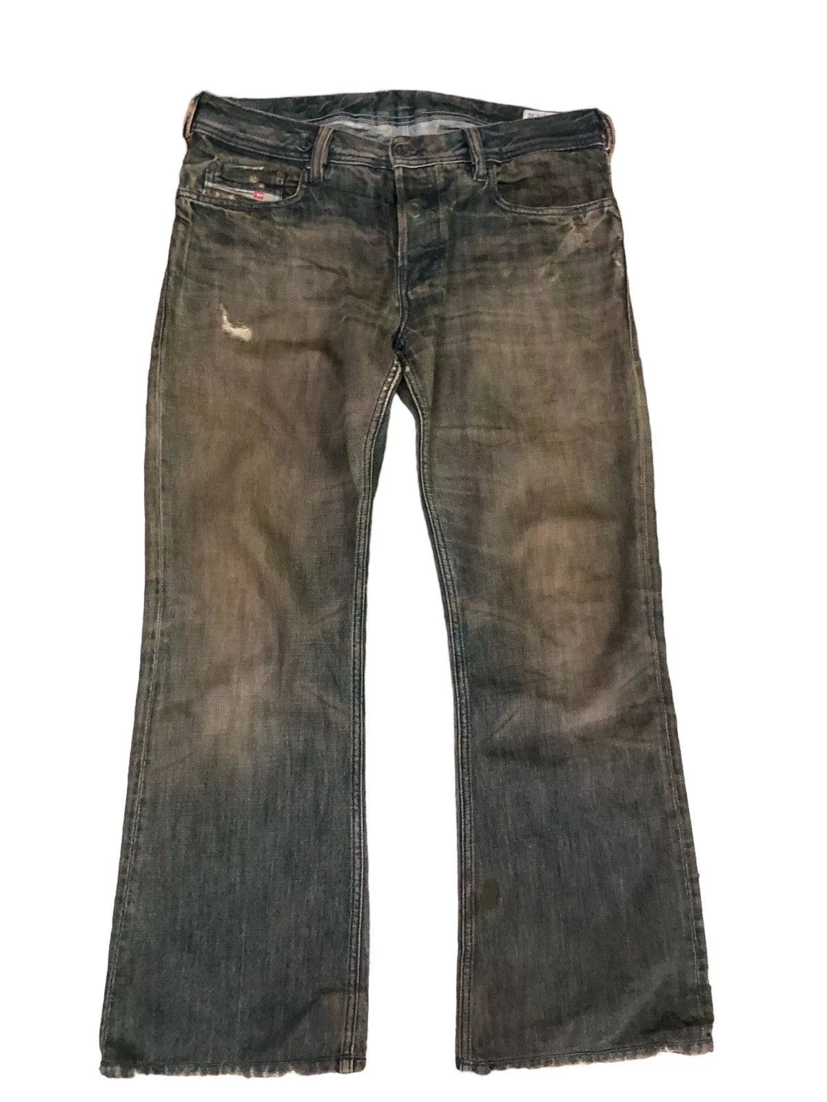 Diesel Denim Diesel Rusty Mudmax Distressed Boot Cut Denim Pants Blue