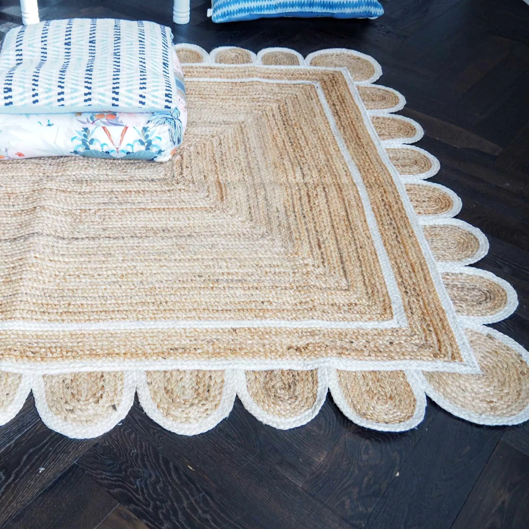 Handmade White Scalloped Jute Rug Custom Sizes Available - Curated Home Decor