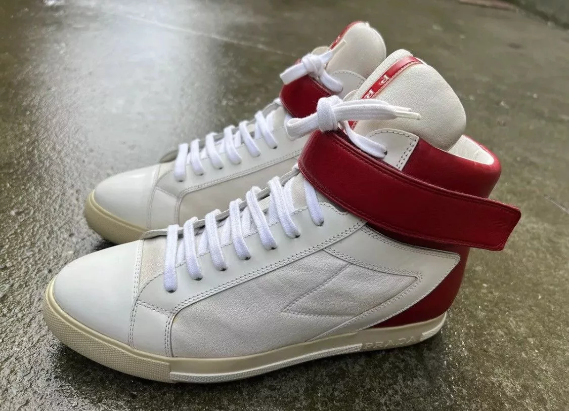Prada Hi Top Sneakers ☄️Prada☄️White/Red Soft leather Sneakers (3T5743)