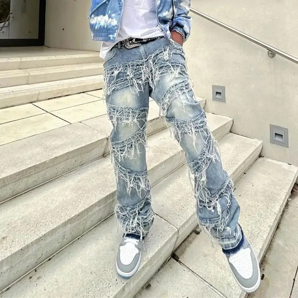 Denime Denim Denime × Japanese Brand High Street Loose Male Stacked Spliced Straight Denim Pants Blue Streetwear