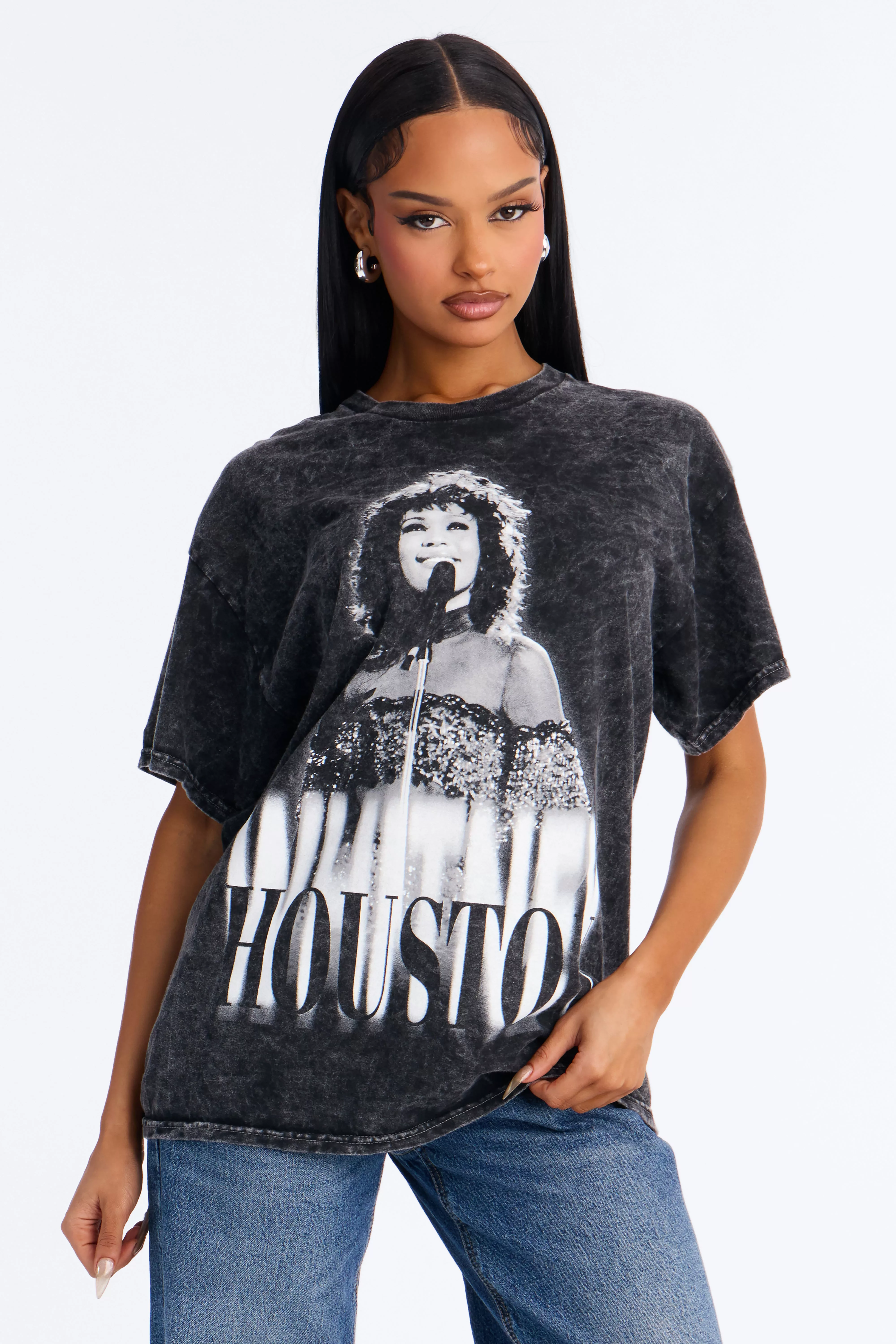 Whitney Houston Muse Washed Oversized Tee - Charcoal