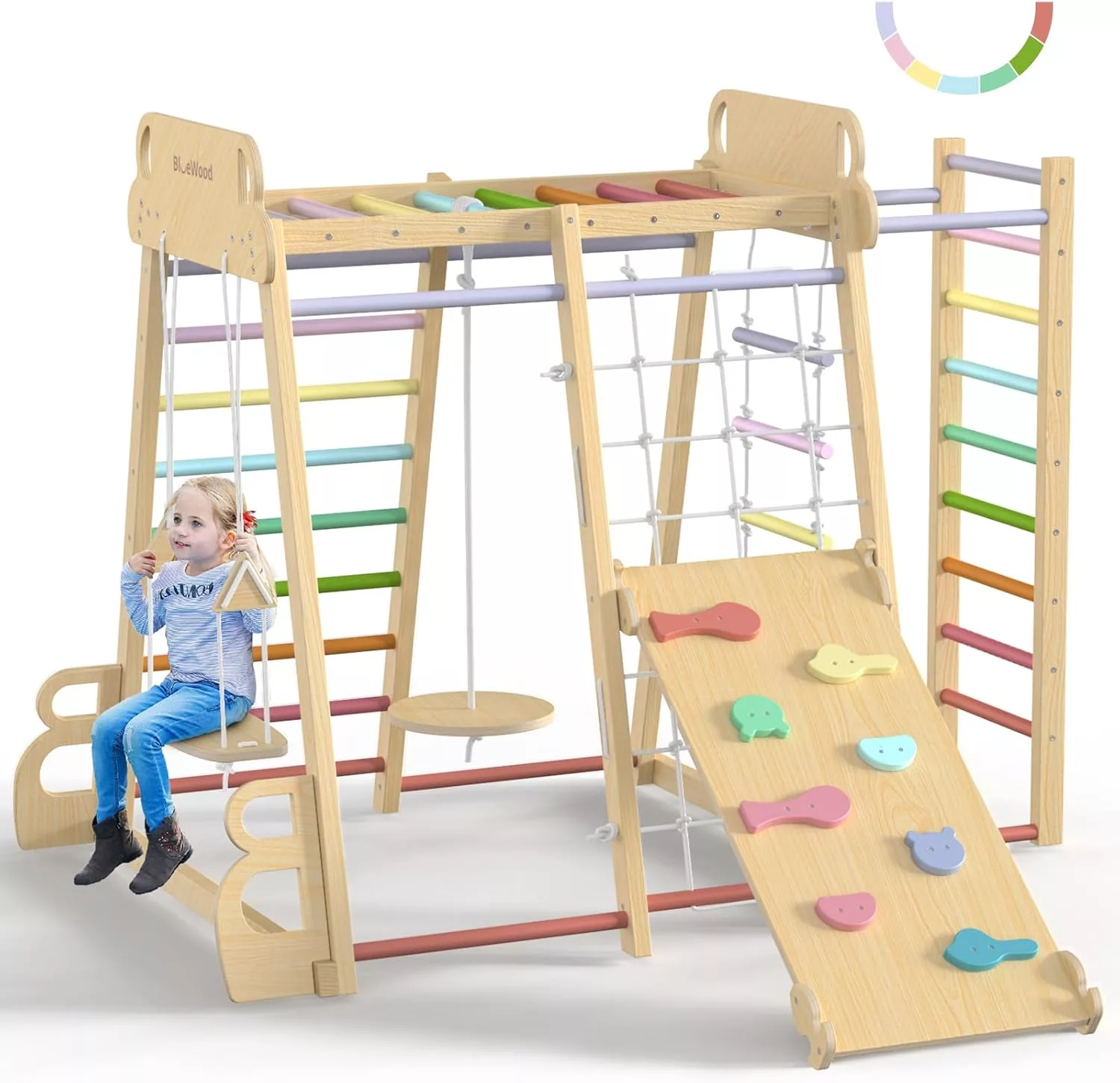 Upgraded Indoor Playground 9 in 1 Wooden Jungle Gym Climber Playset with Slide Swing Monkey Bars Ladder and Climb Net