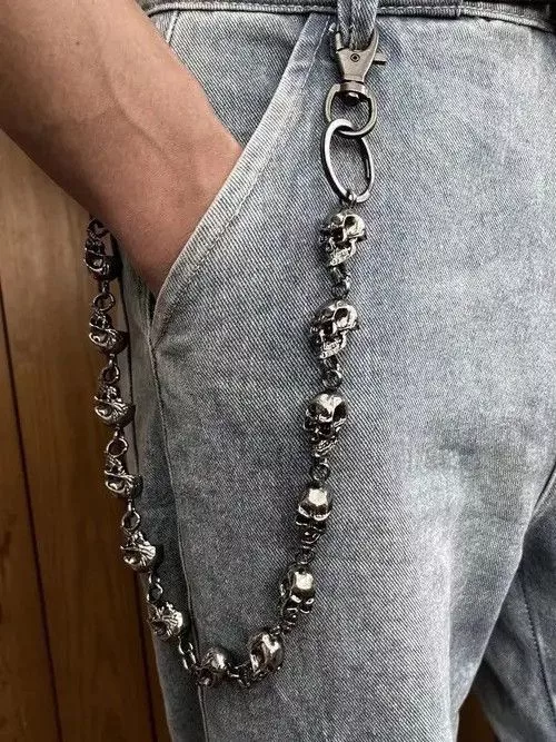 Leather Miscellaneous Leather × Vintage Retro Skull Metal Waist Key Chain Silver Streetwear