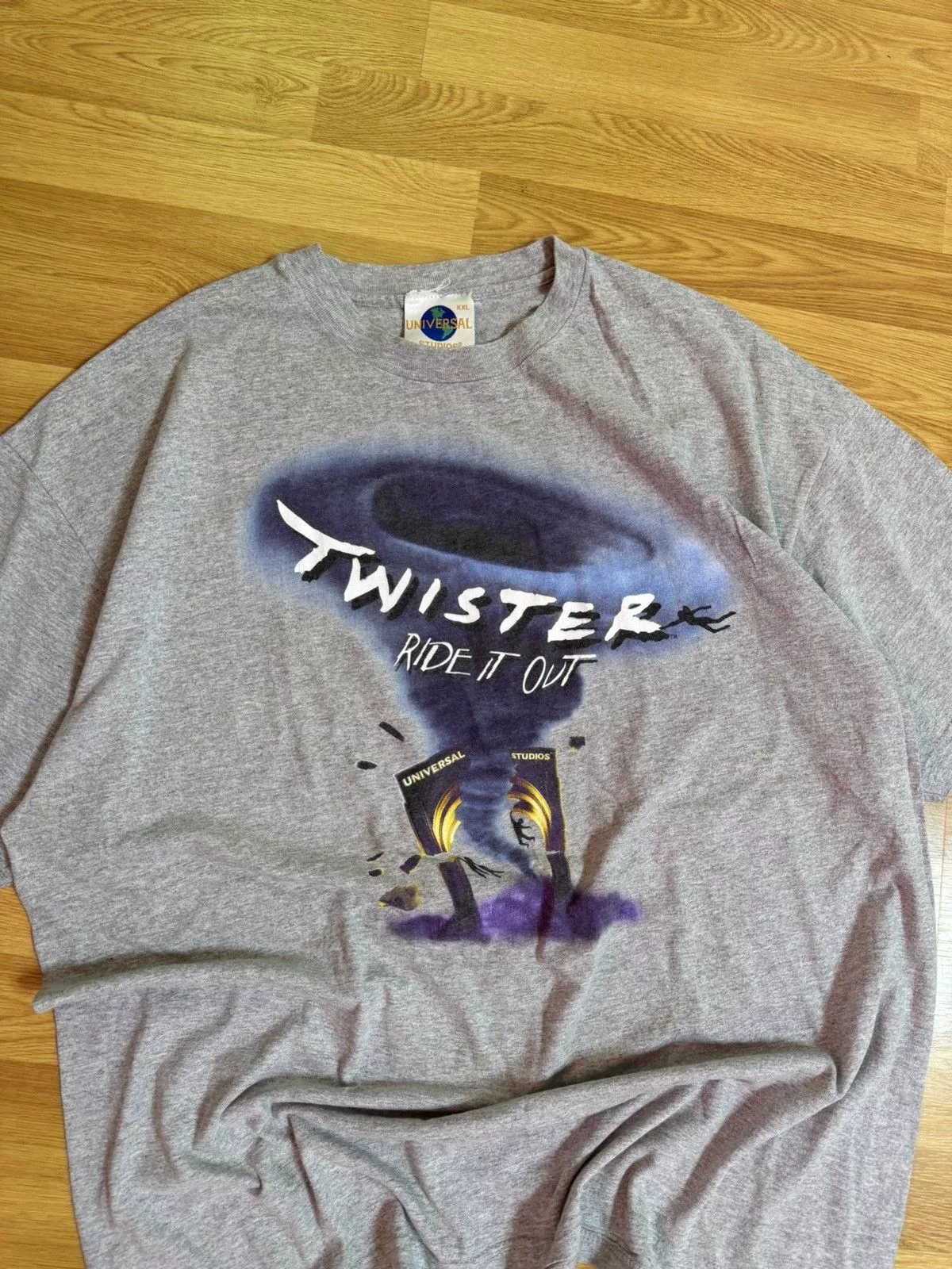 Universal Studios Short Sleeve T Shirts Universal Studios × Vintage Vintage 90’s Twister Ride it Out Universal Studios Movie Tee Gray