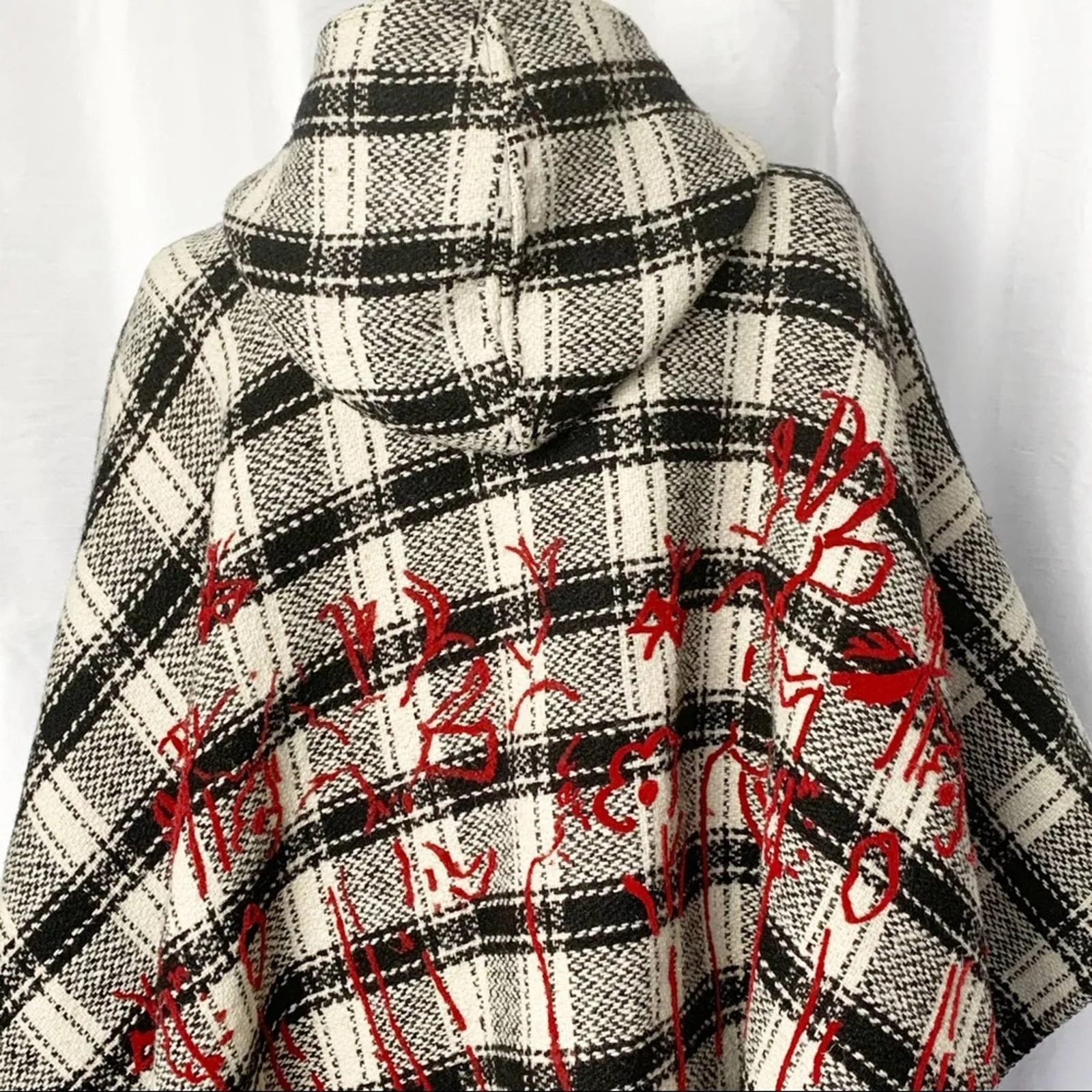 Ermanno Gallamini Jackets Ermanno Gallamini Hooded Wool Blanket Cape Poncho Check Multi