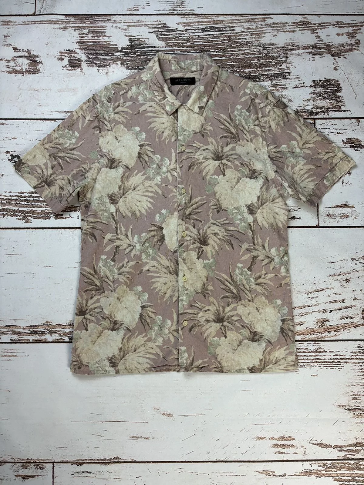 Allsaints Shirts Button Ups Allsaints × Designer AllSaints Floral Print Button Up Hawaiian Shirt Beige
