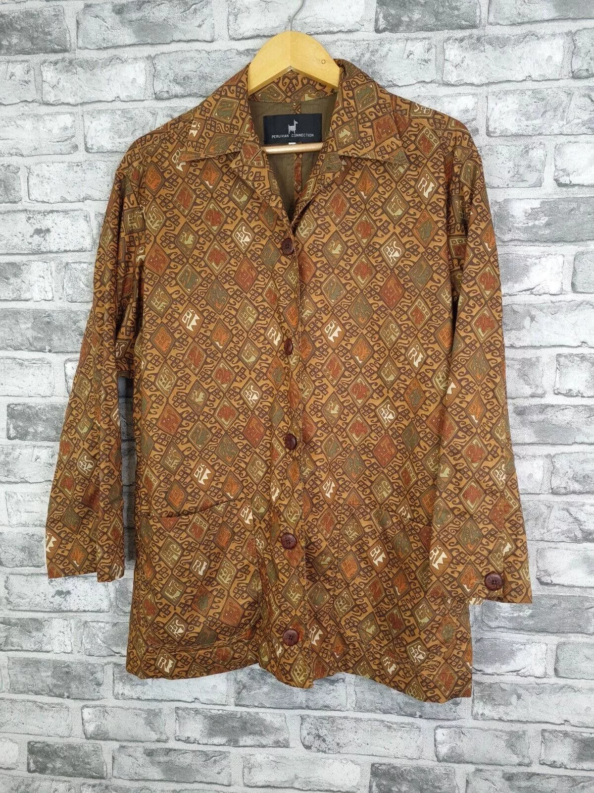 Designer Sweaters Designer Peruvian Connection Jacket Uk 16 18 Vtg Cotton Aztec Tribal Brown