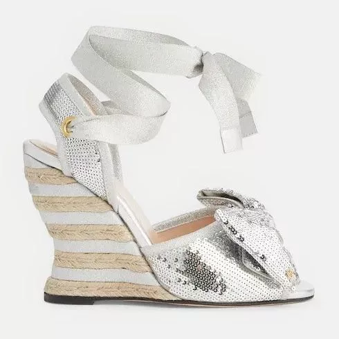 Gucci Miscellaneous Gucci Bow Sequin Espadrille Sandals SIZE 36 Silver
