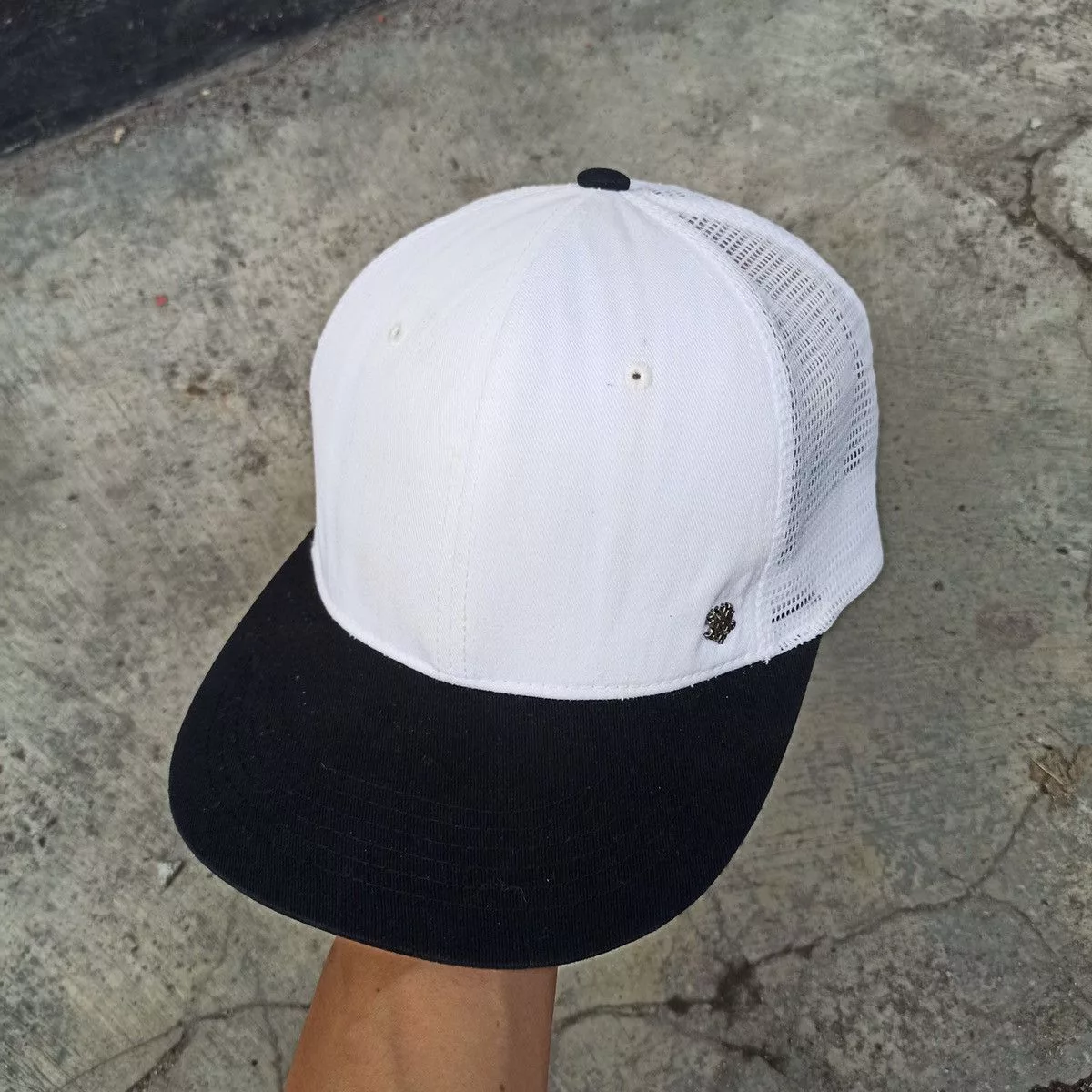 Unsound Rags Hats Unsound Rags SICK oversize trucker hat by mqum with gothic logo pin White Vintage