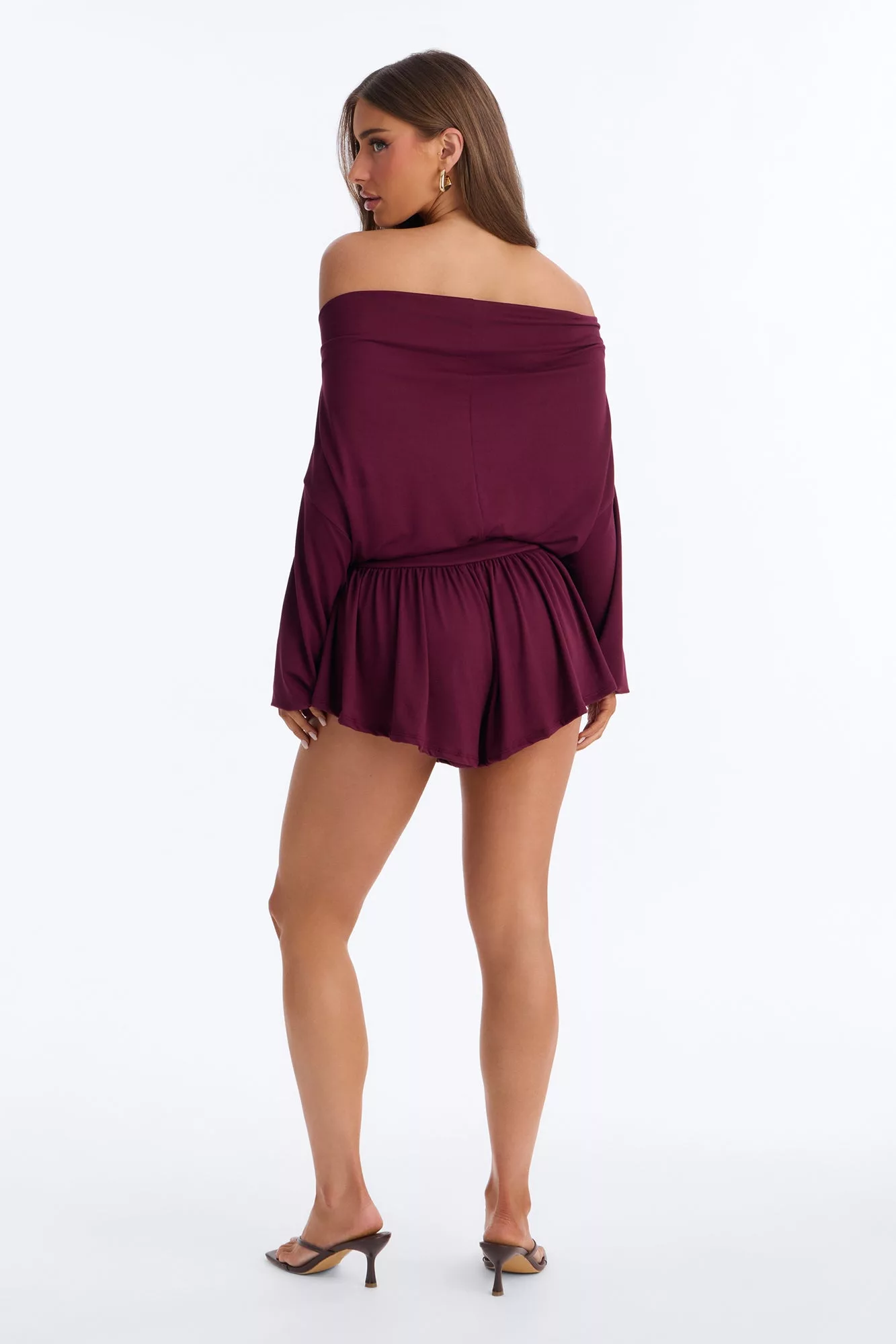 Amelia Off Shoulder Flowy Romper - Plum