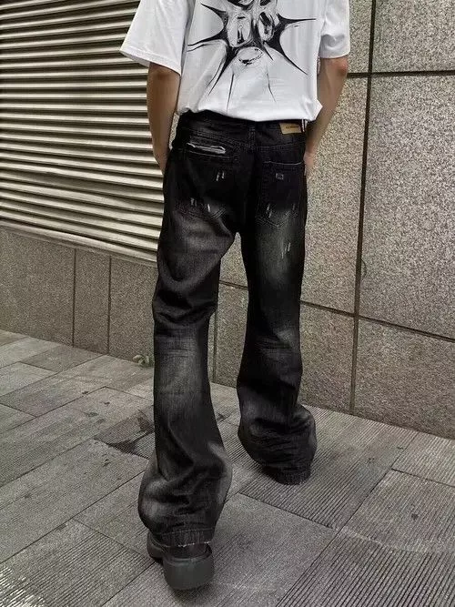 Japanese Brand Denim Japanese Brand × Jean Street ripped corrugated pleated micro-flared jeans Black Streetwear
