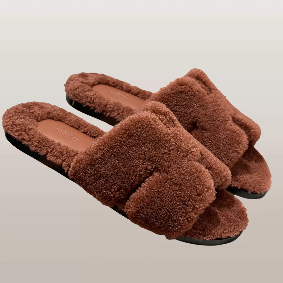 Hermes Sandals Hermes Izmir Cognac Brown Shearling Mule Sandals Multi