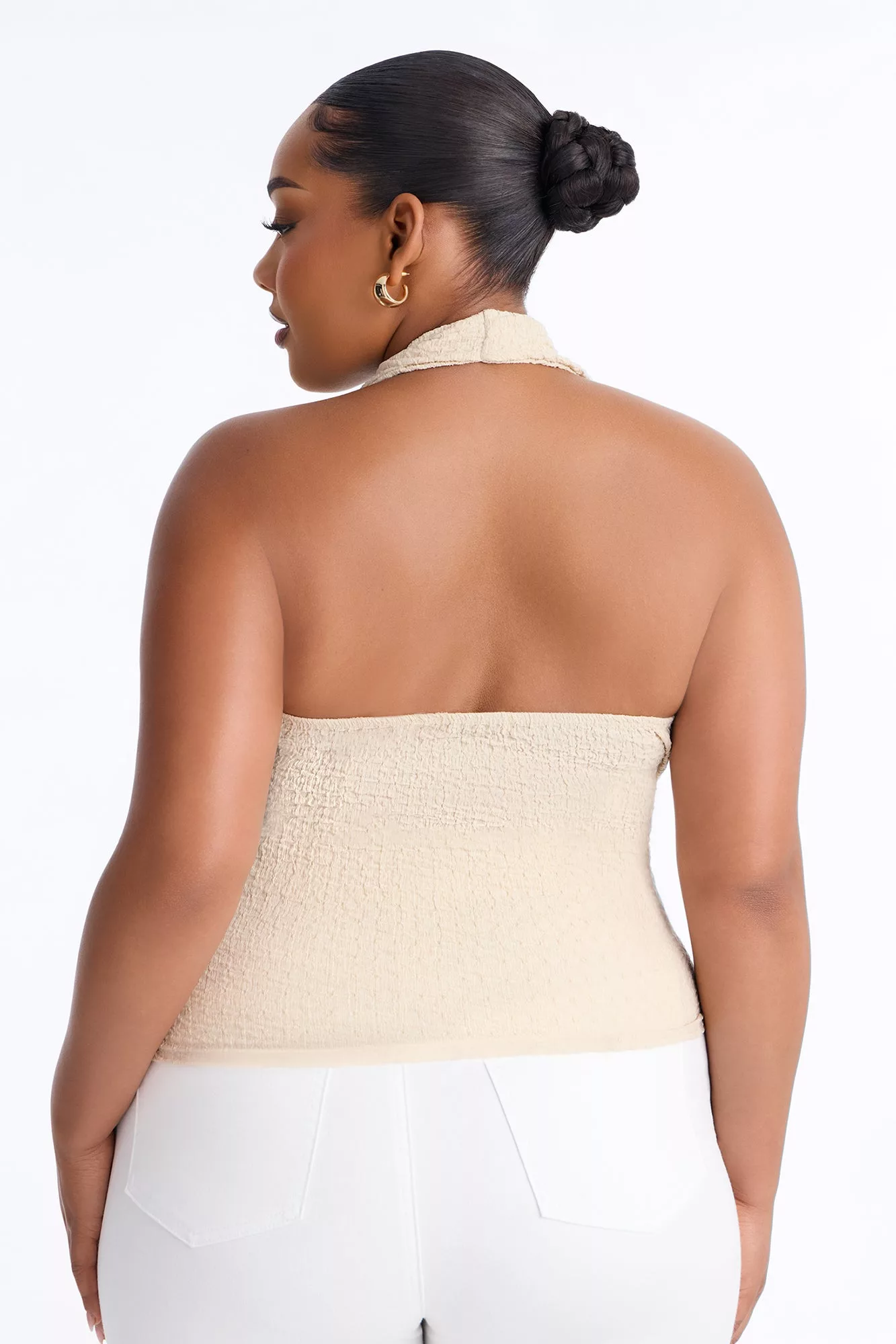 Sunny Textured Cowl Neck Hardware Halter Top - Sand