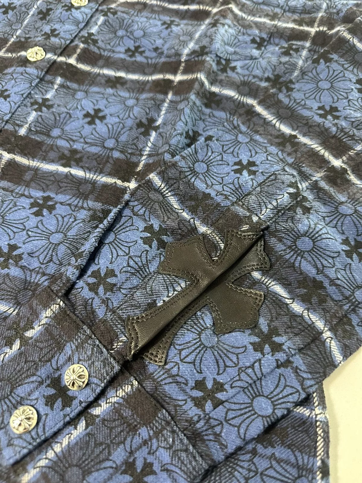 Chrome Hearts Shirts Button Ups 🔥Chrome Hearts Blue Cross Print Silver Button Shirt🔥