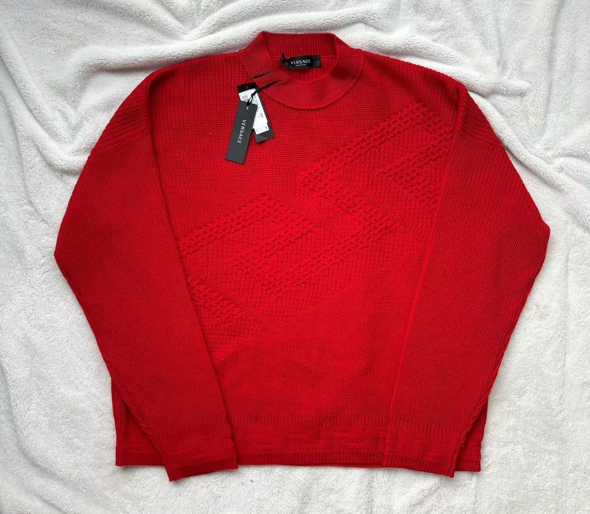 Versace Sweaters Knitwear Versace Red ‘La Greca’ Knit Textured Sweater