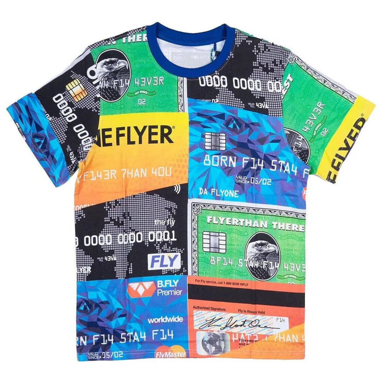 Born Fly Short Sleeve T Shirts Born Fly Men's All Over Credit Card Theme Print Tee T-Shirt Blue