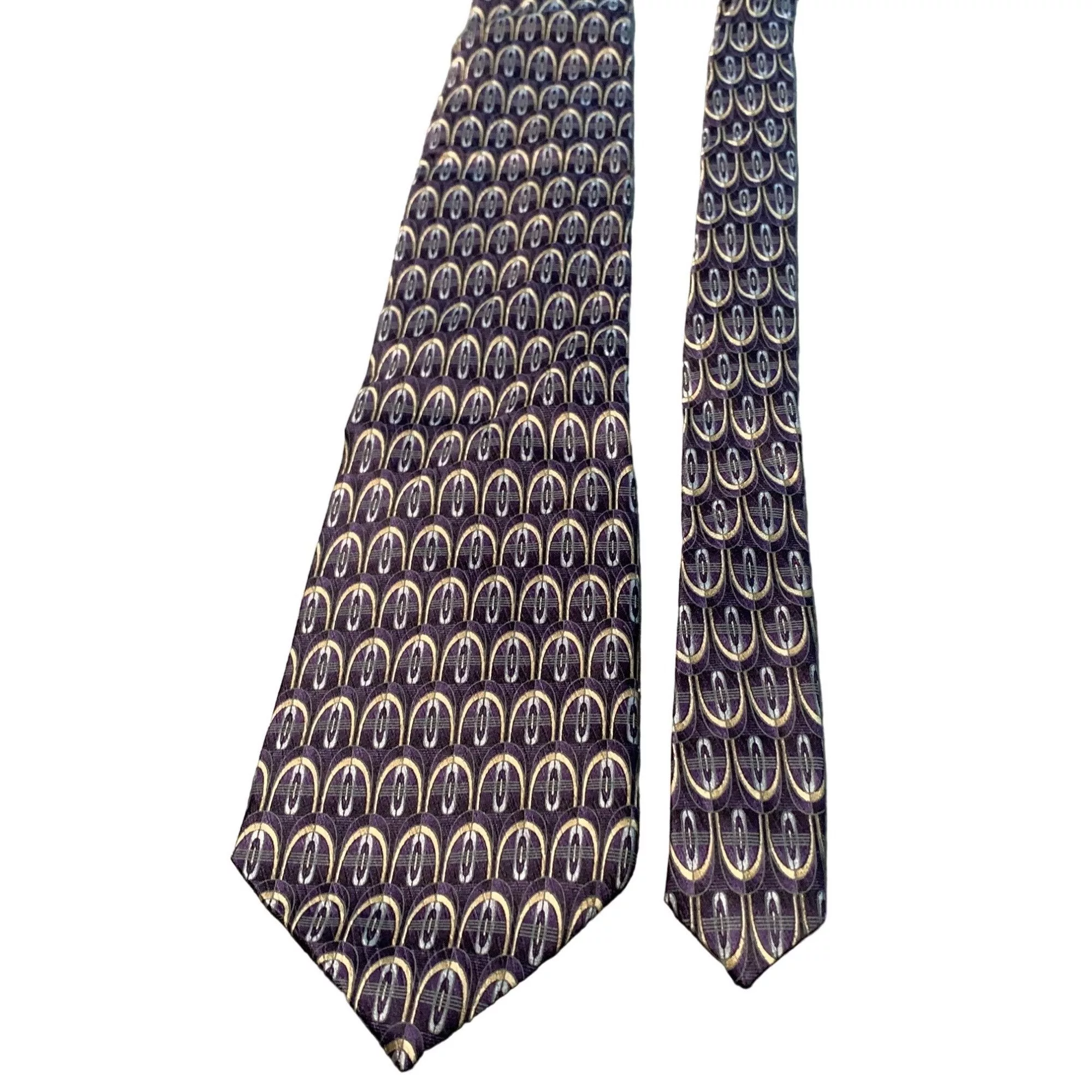 Stafford Ties Pocketsquares Stafford Mens Silk Tie Purple and Gold Geometric Pattern Nec