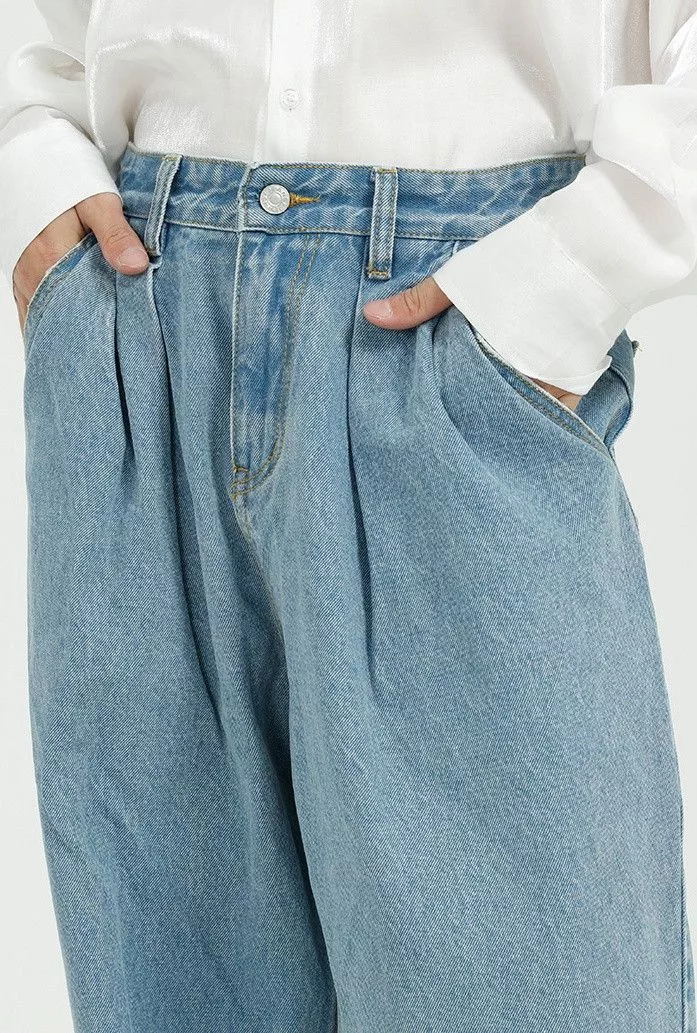 Designer Denim Designer × Japanese Brand Blue Washed Loose Wide Leg Straight Jeans Streetwear